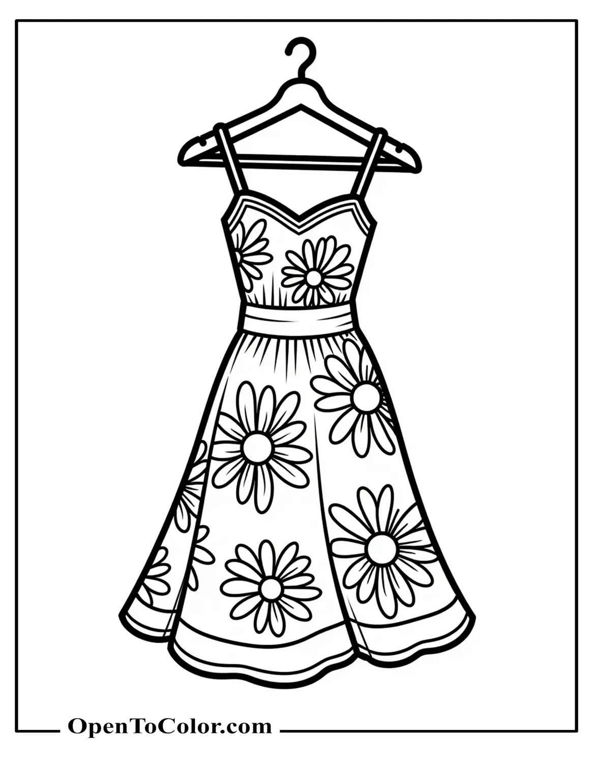 Free Realistic Summer Dress Coloring Page with Large Floral Prints on Hanger, Clean Outline Drawing