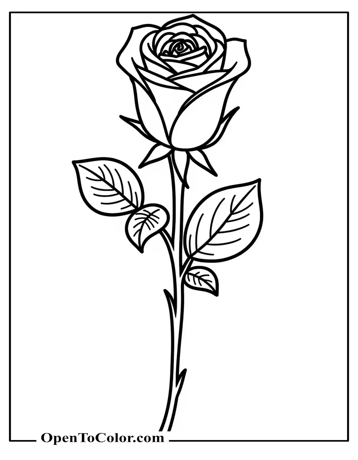Realistic Rose Coloring Page With Layered Petals And Curved Leaves PDF