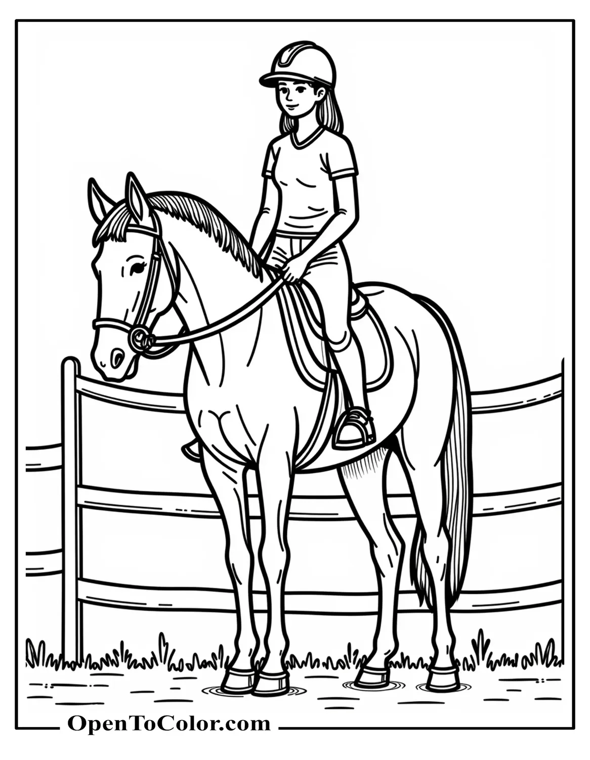 Free Coloring Page of Realistic Teen Rider Petting Horse After a Jump