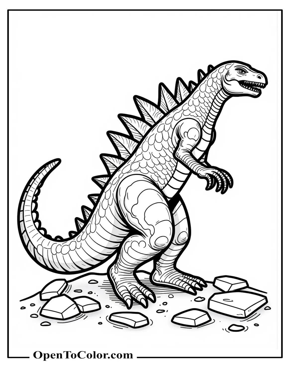Godzilla Anatomically Detailed Side Profile Coloring Page PDF Striding Over Rubble, Natural Reptile Posture