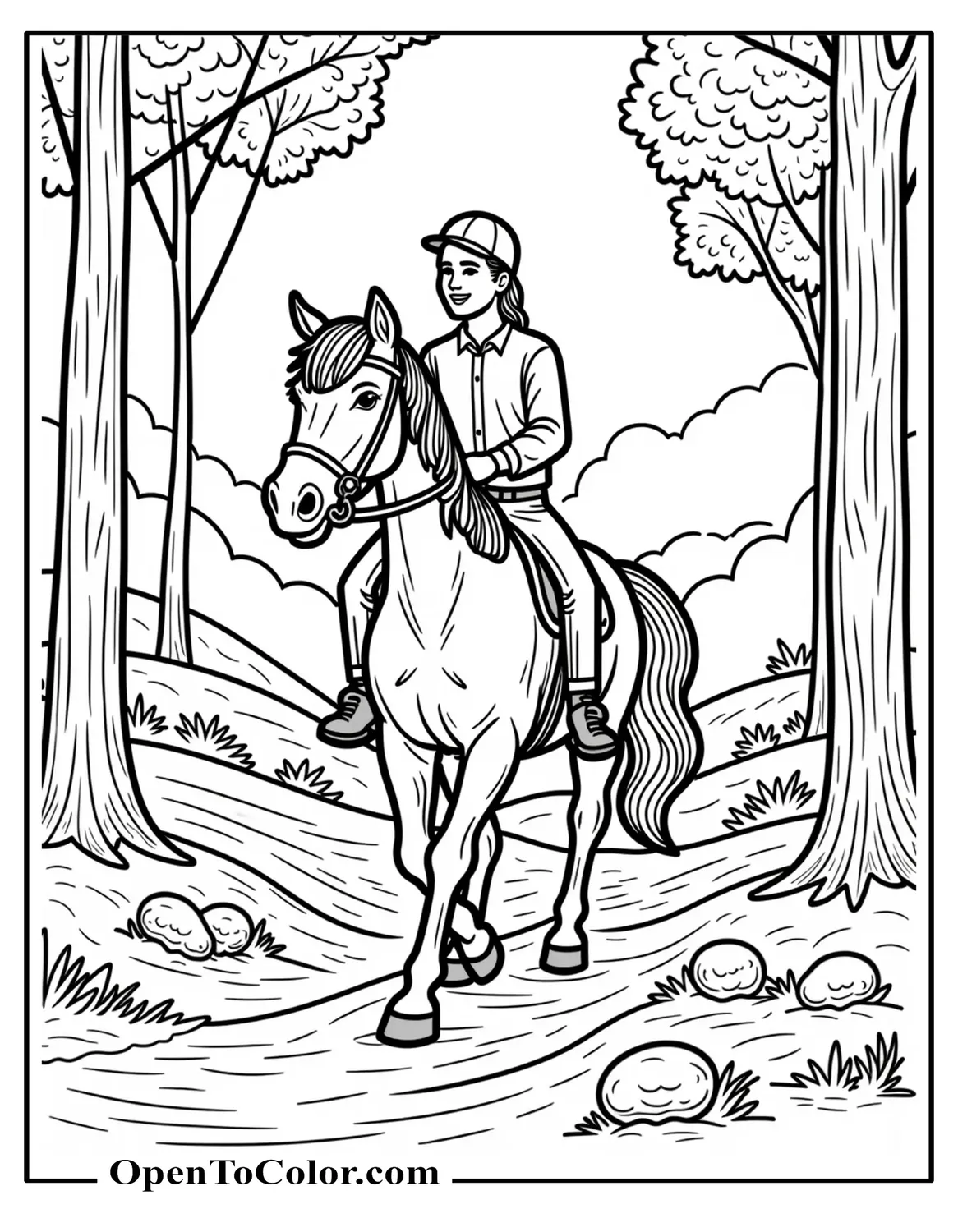 Printable Coloring Sheet of Realistic Rider Guiding Horse Along Forest Trail