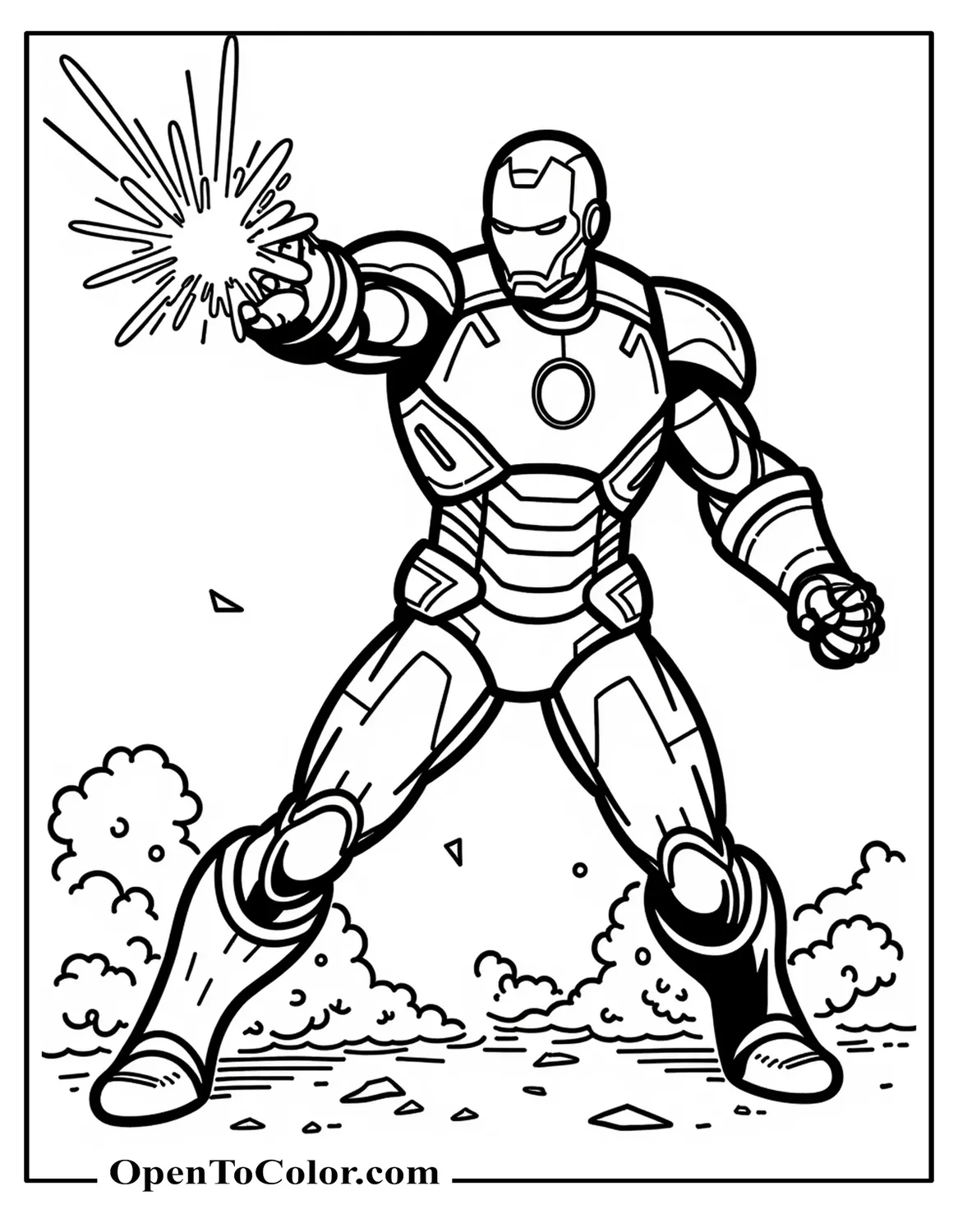 Free Realistic Iron Man Firing Repulsor Blast Coloring Page, Debris Scattering