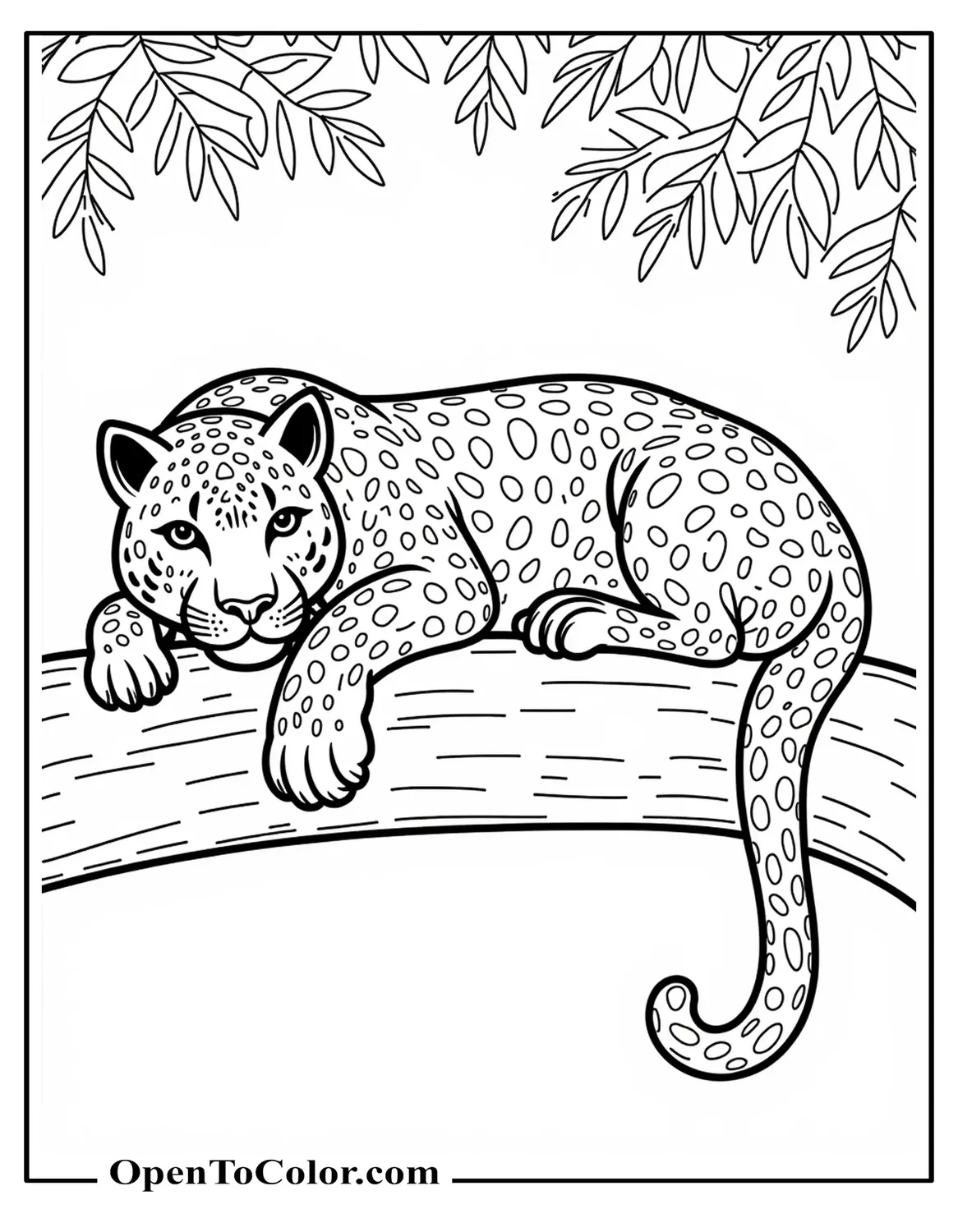 Realistic Jaguar Resting On A Tree Limb Dappled With Sunlight Coloring Sheet PDF