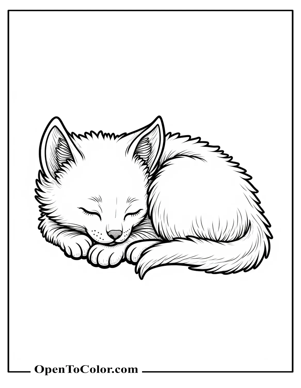 Free Realistic Fluffy Kitten Curled Up Sleeping Coloring Sheet