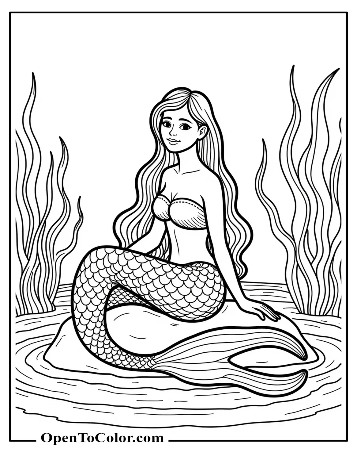 Printable Coloring Page of a Highly Detailed Realistic Mermaid Seated in Kelp Forest