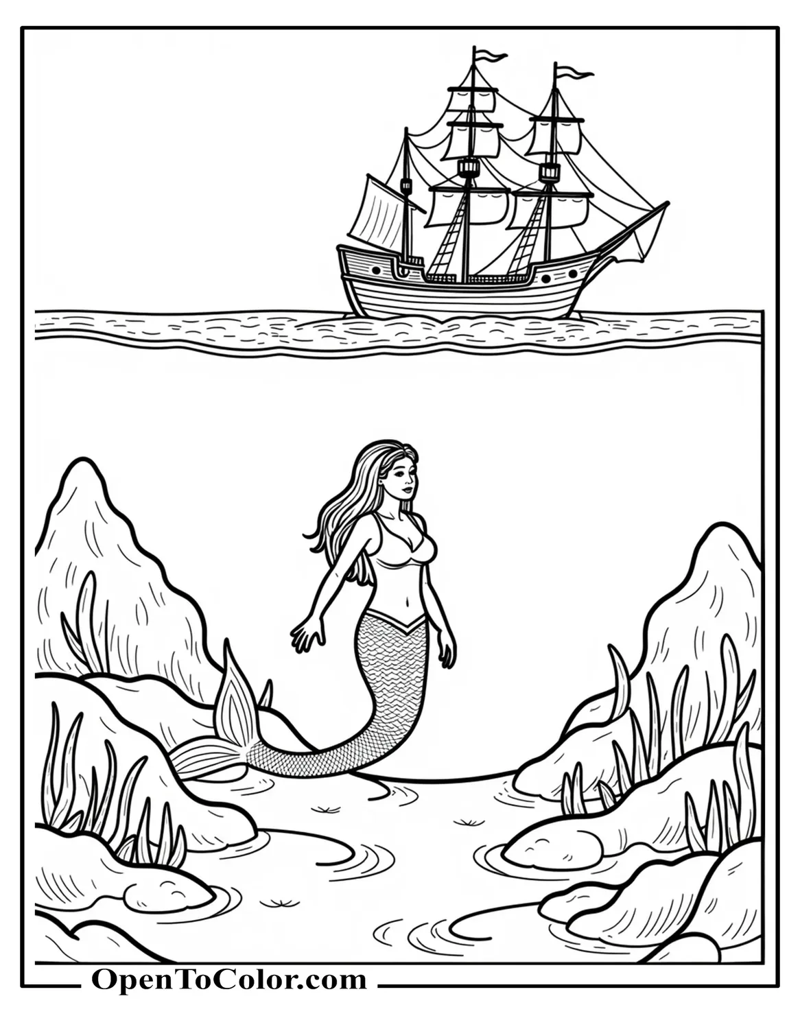 Printable Realistic Mermaid Diving Near a Shipwreck Coloring Sheet