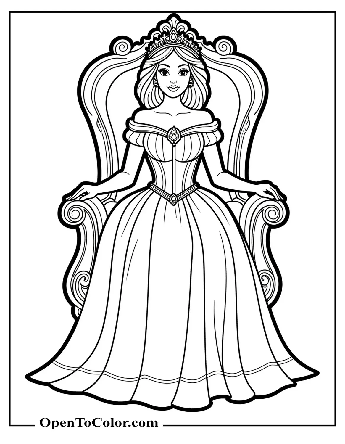 A free coloring sheet of a realistic princess seated on an ornate throne with long gown and jeweled belt.