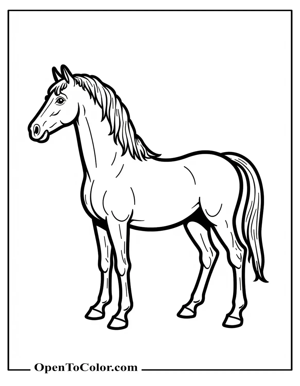 Printable Realistic Horse Coloring Page, Full‐Body Side Pose, PDF