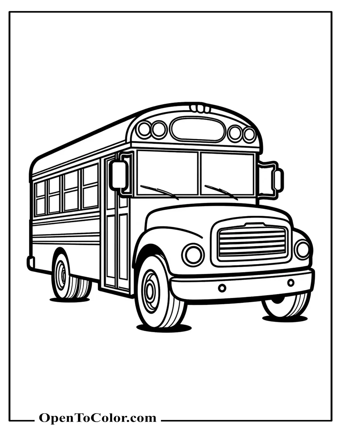 Printable Coloring Page of Detailed Realistic School Bus Three‑Quarter View, Stop Sign Extended, Smooth Contour Lines Only