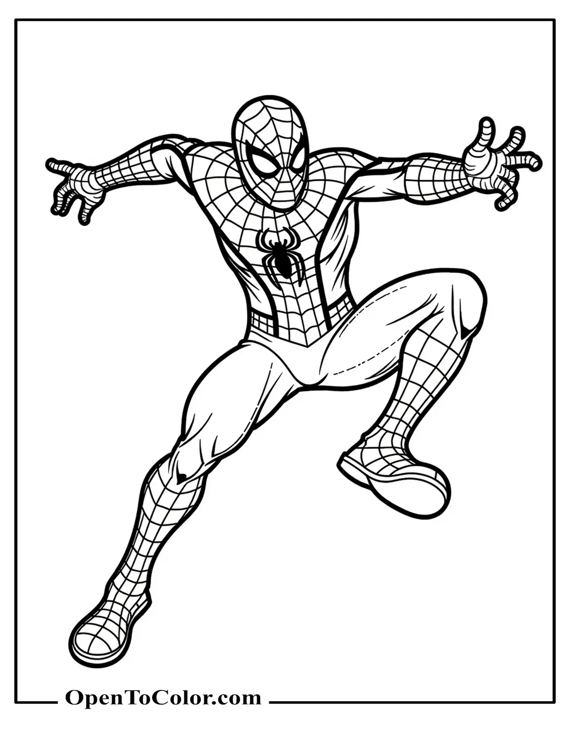 Realistic Spiderman in Action Pose Coloring Sheet Printable