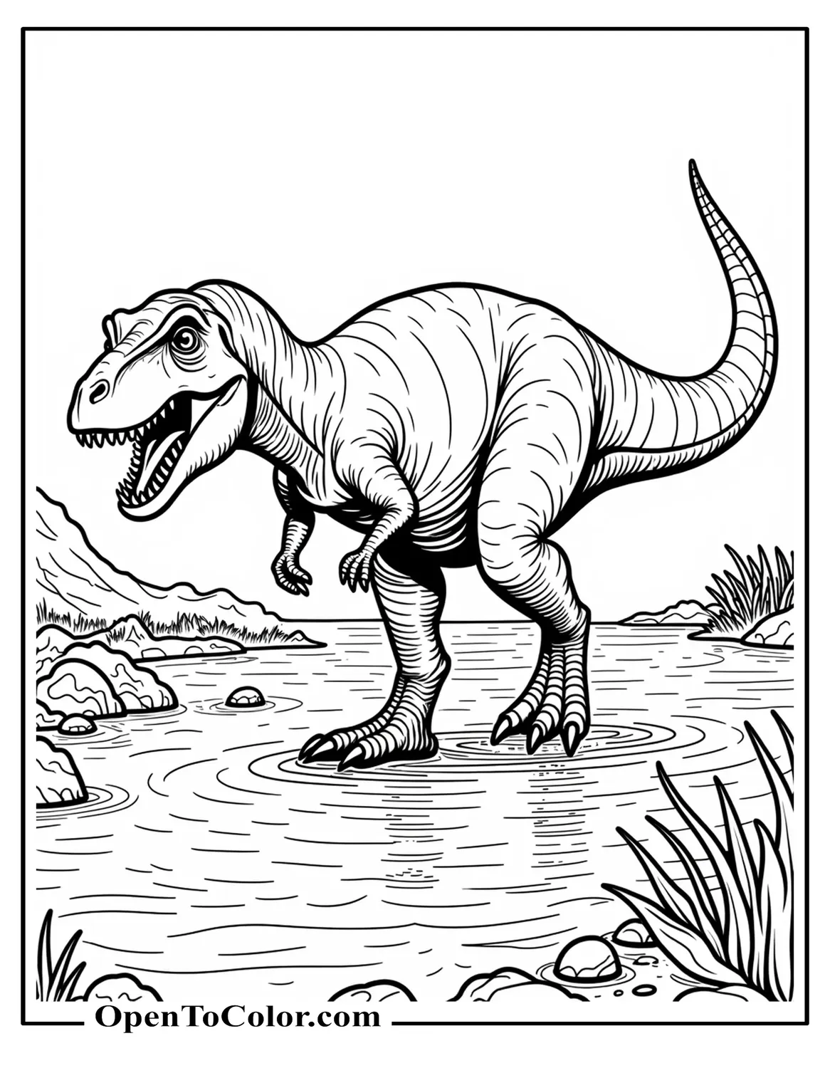 Realistic T-Rex Coloring Sheet PDF Walking Across Muddy Riverbank