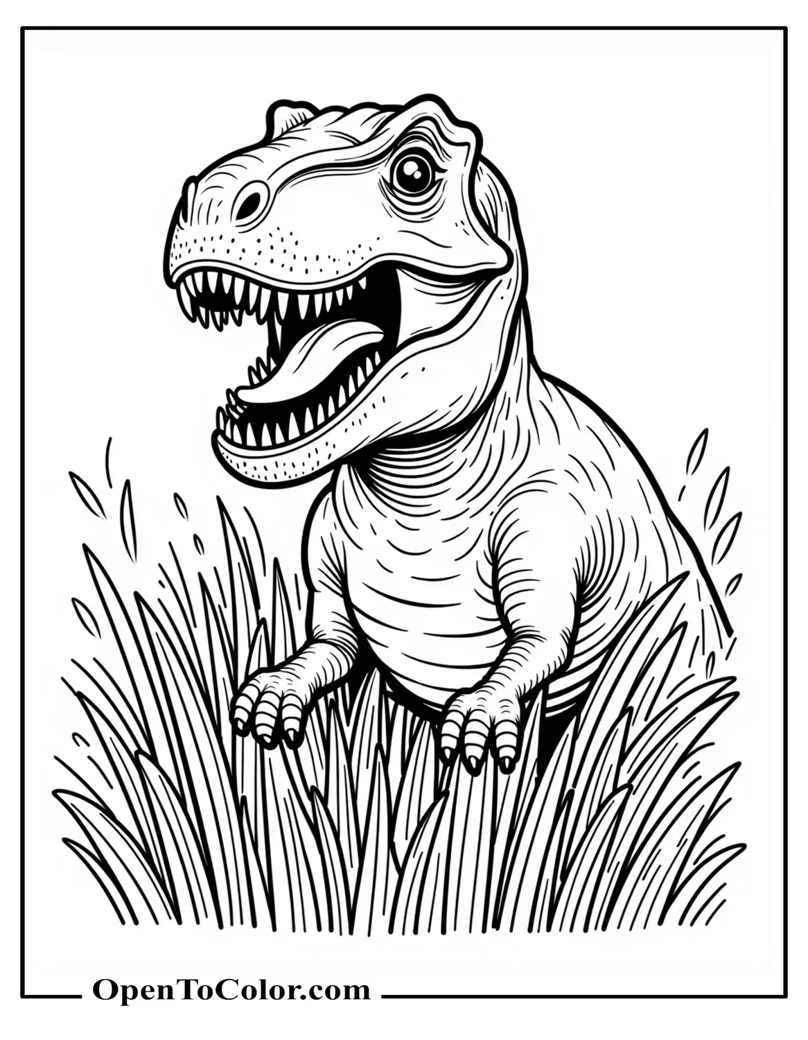 Realistic T-Rex Baring Teeth In Tall Grass Coloring Page PDF