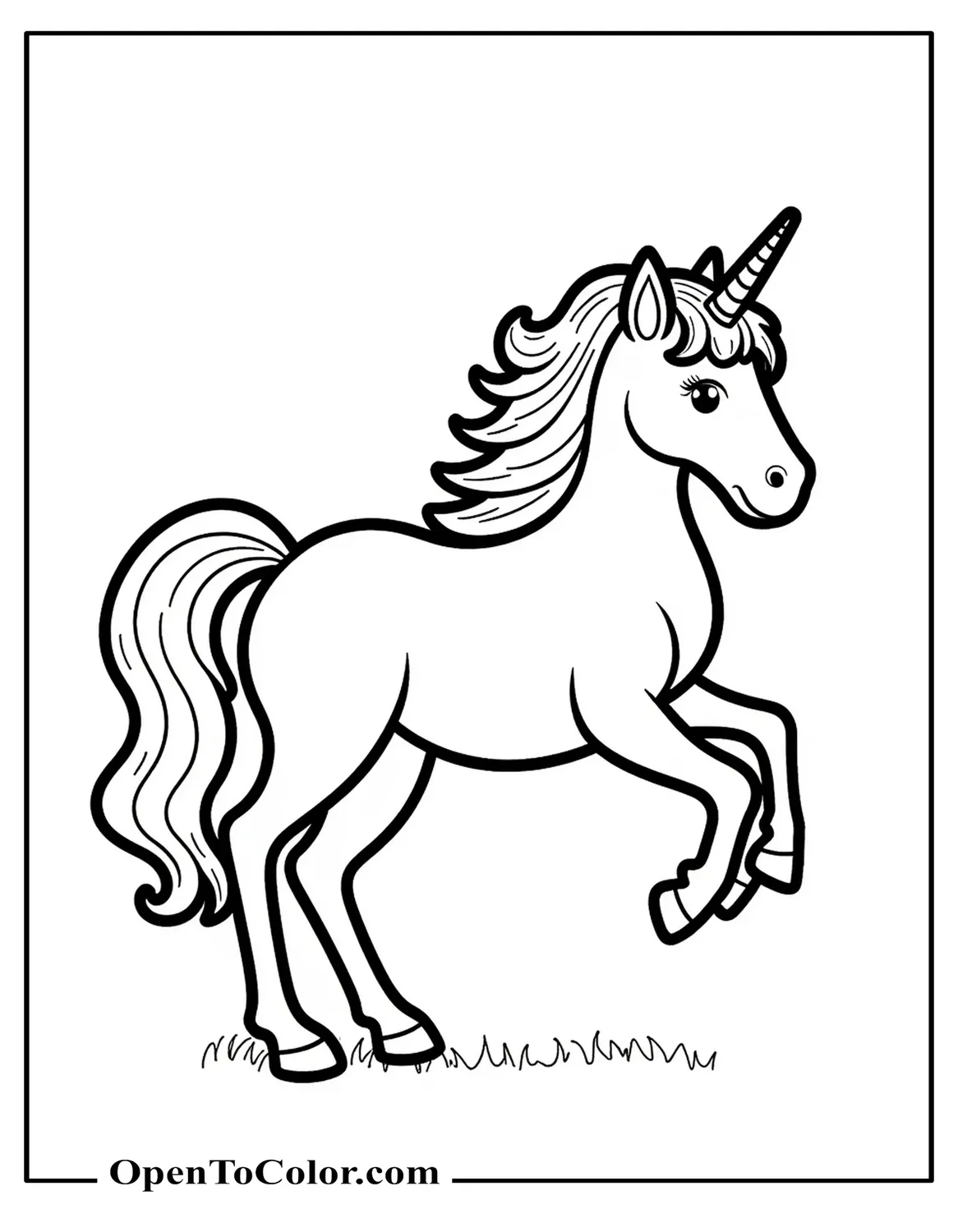 Free Coloring Page of a Realistic Unicorn with Flowing Hair and Long Legs