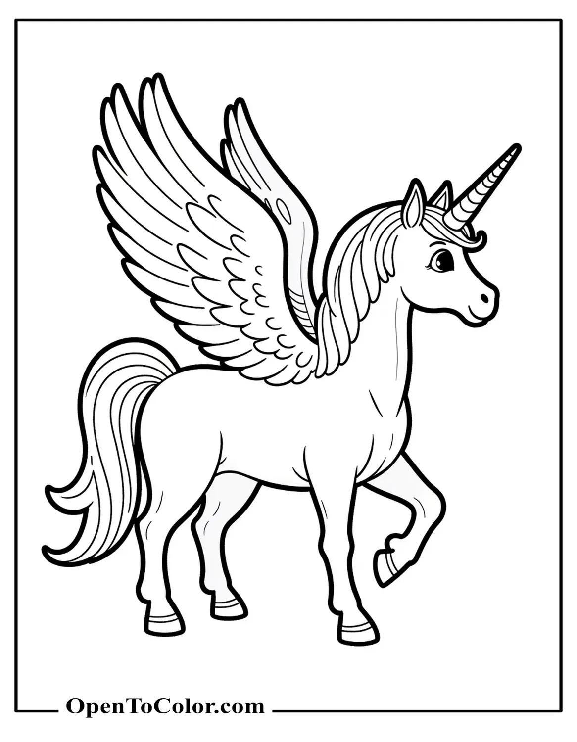 Realistic Unicorn With Large Wings Extended Coloring Sheet PDF