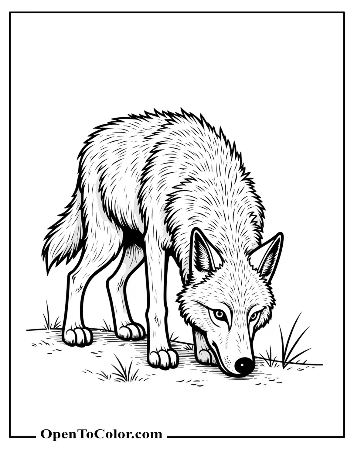 Highly Detailed Wolf Sniffing Ground, Fur Texture Emphasized, Realistic Pose, Coloring Sheet PDF