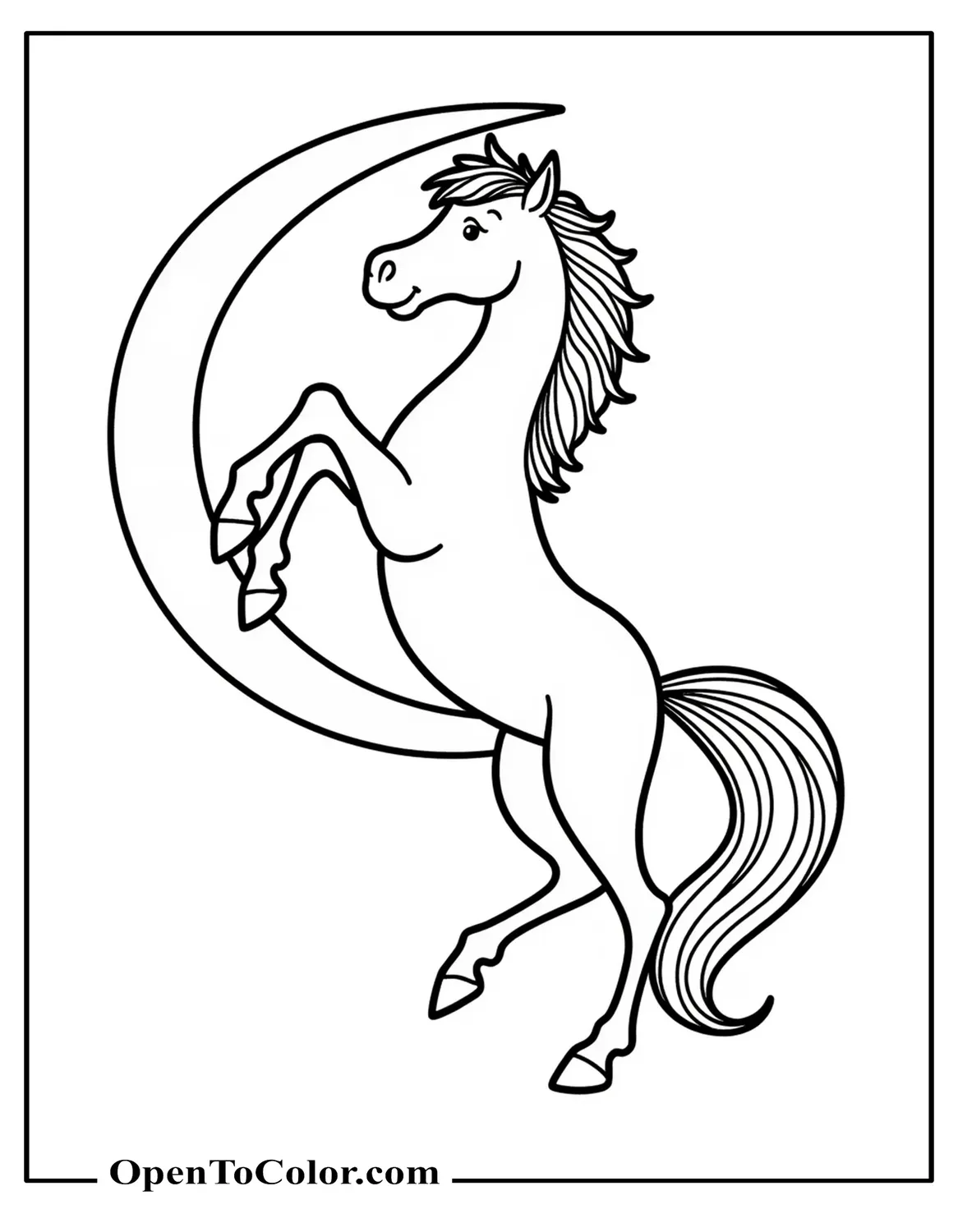 Rearing horse coloring sheet silhouetted against crescent moon printable