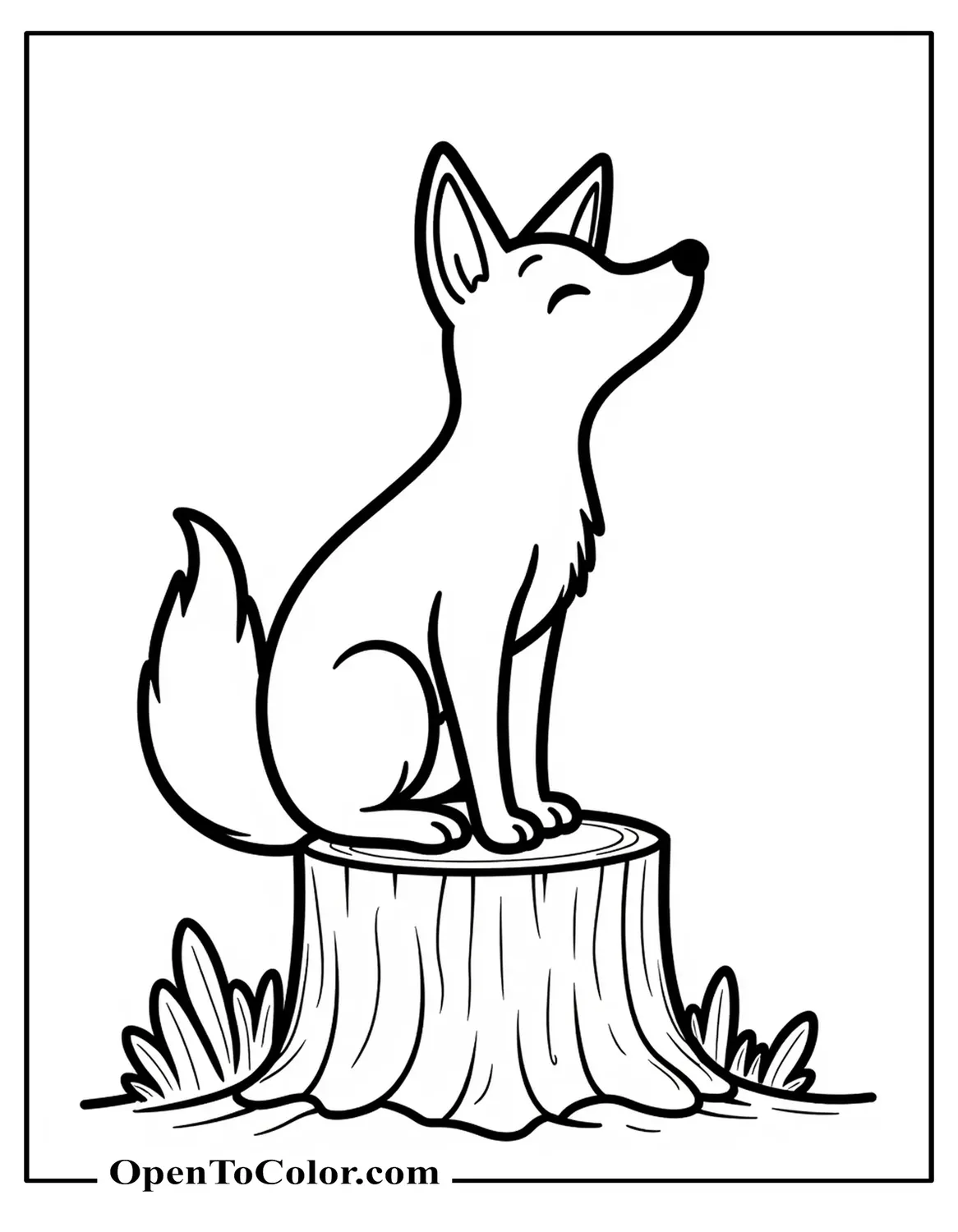 Printable Coloring Page of a Red Fox Standing on a Tree Stump Howling