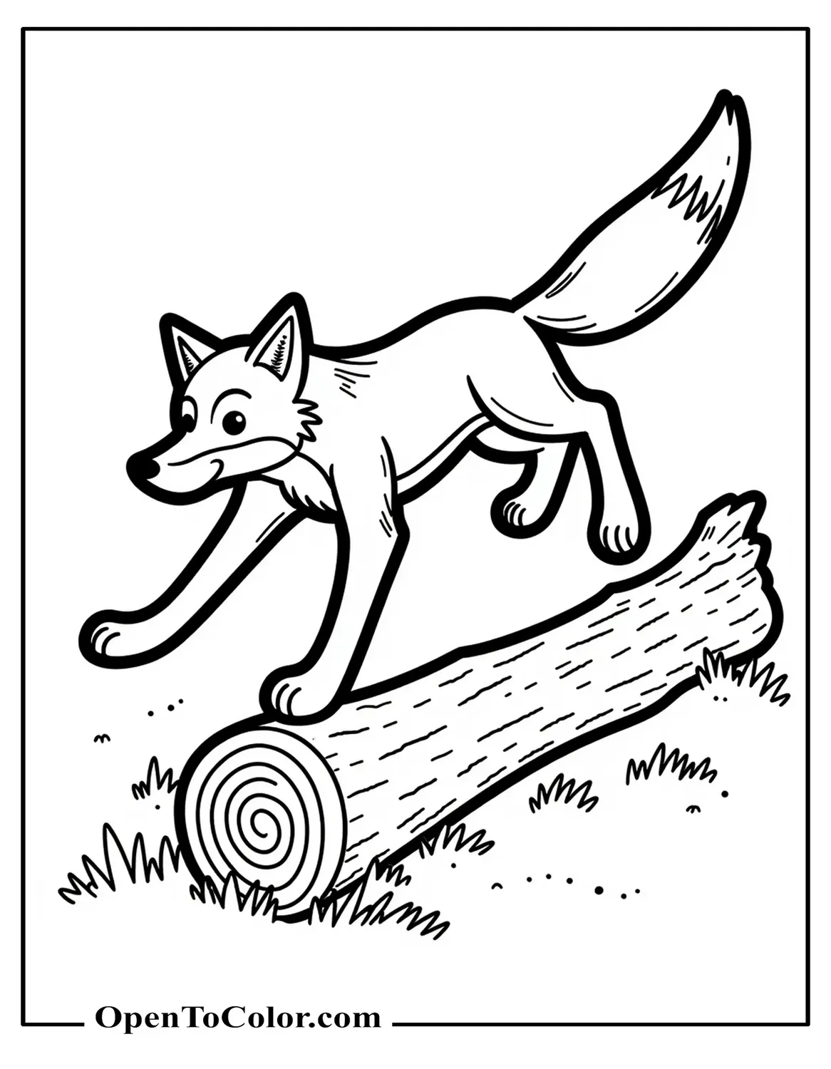 Red Fox Leaping Over A Fallen Log Coloring Sheet PDF
