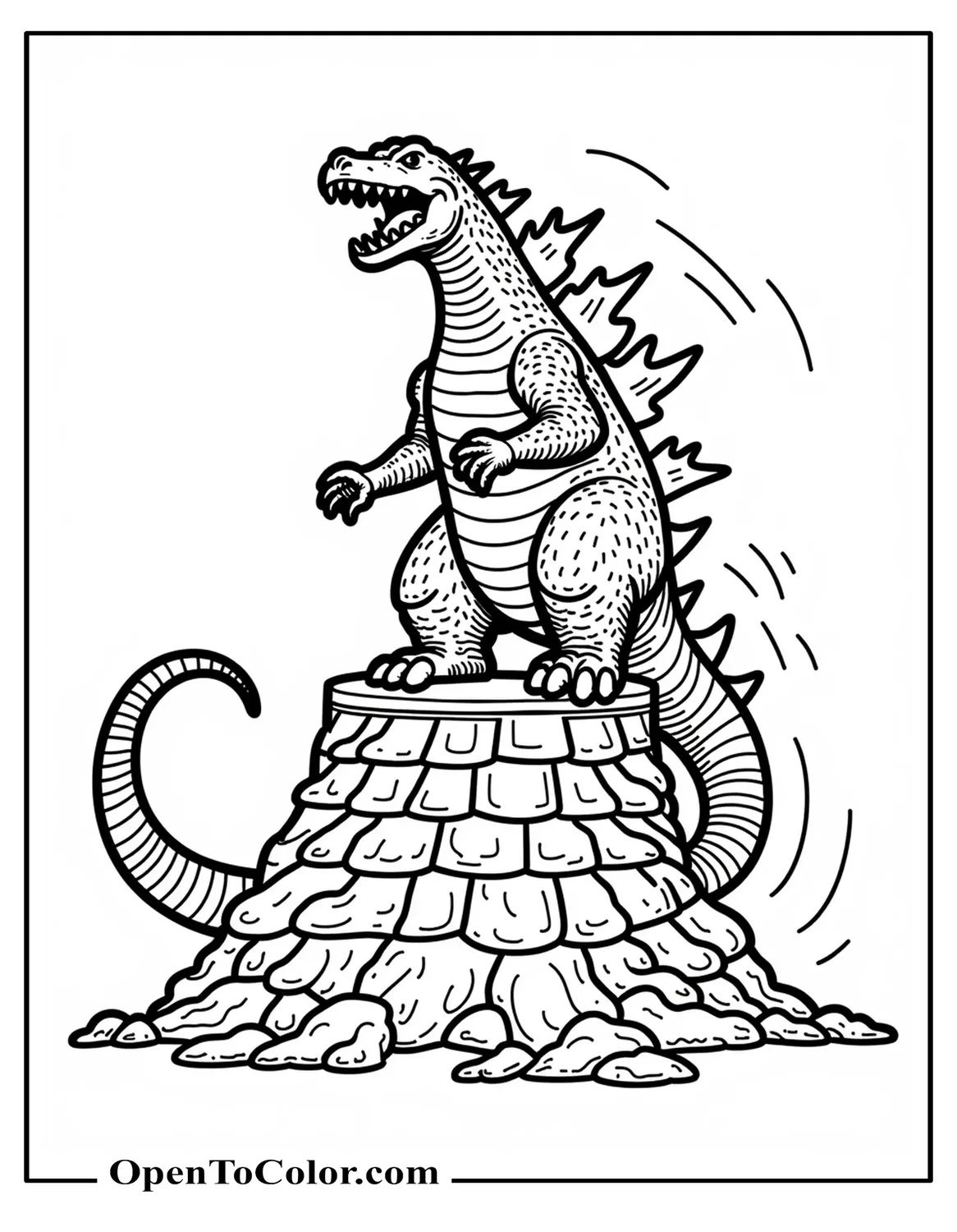 Godzilla Atop Flattened Tower, Head Back Roaring, Sound-Wave Motion Lines, Coloring Sheet PDF