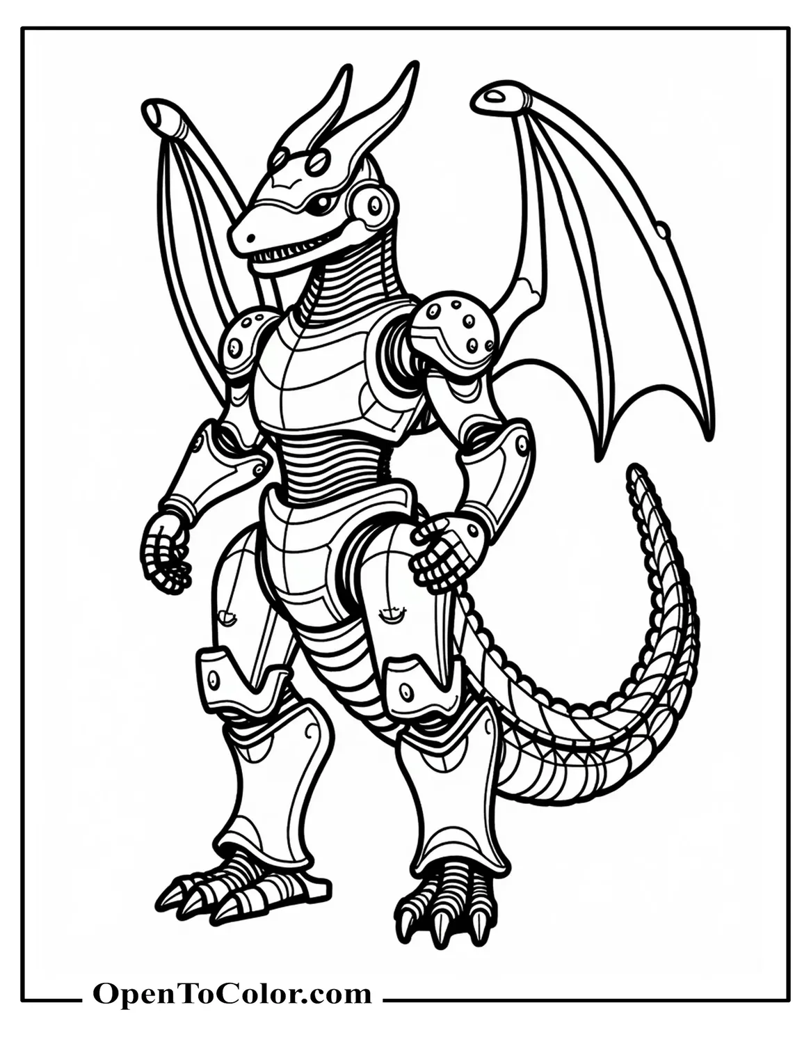 Printable Coloring Sheet of a Robot Dragon Constructed of Rivets, Gears, and Panels