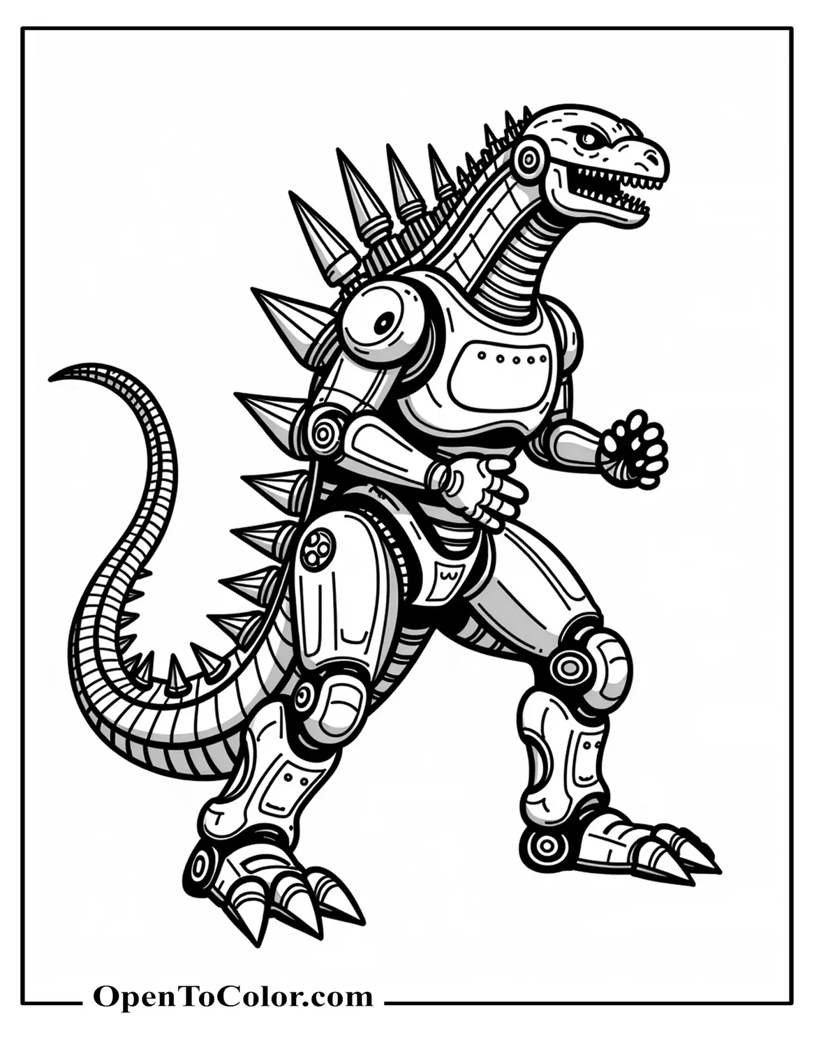 Free Coloring Page of Robot Godzilla in Funko Pop Style, Full Mechanical Body with Gears and Rocket Shoulders, Marching Forward