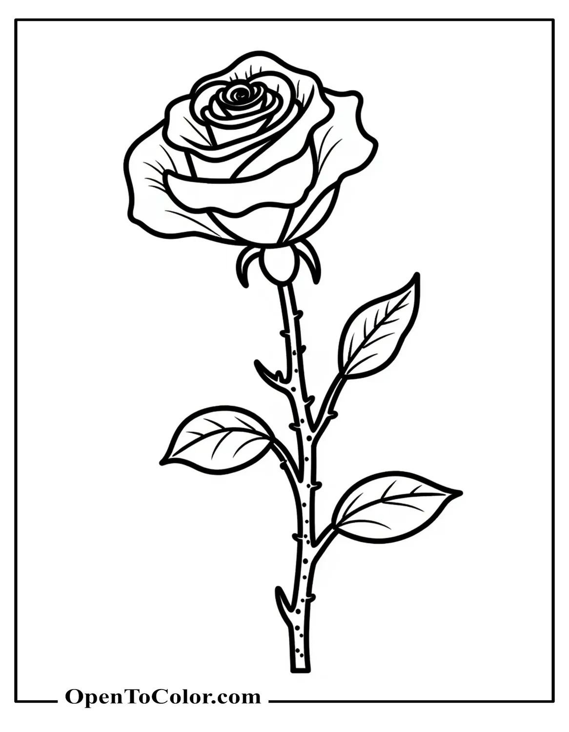 Classic Rose With Thorns On Stem And Detailed Petals Coloring Sheet PDF