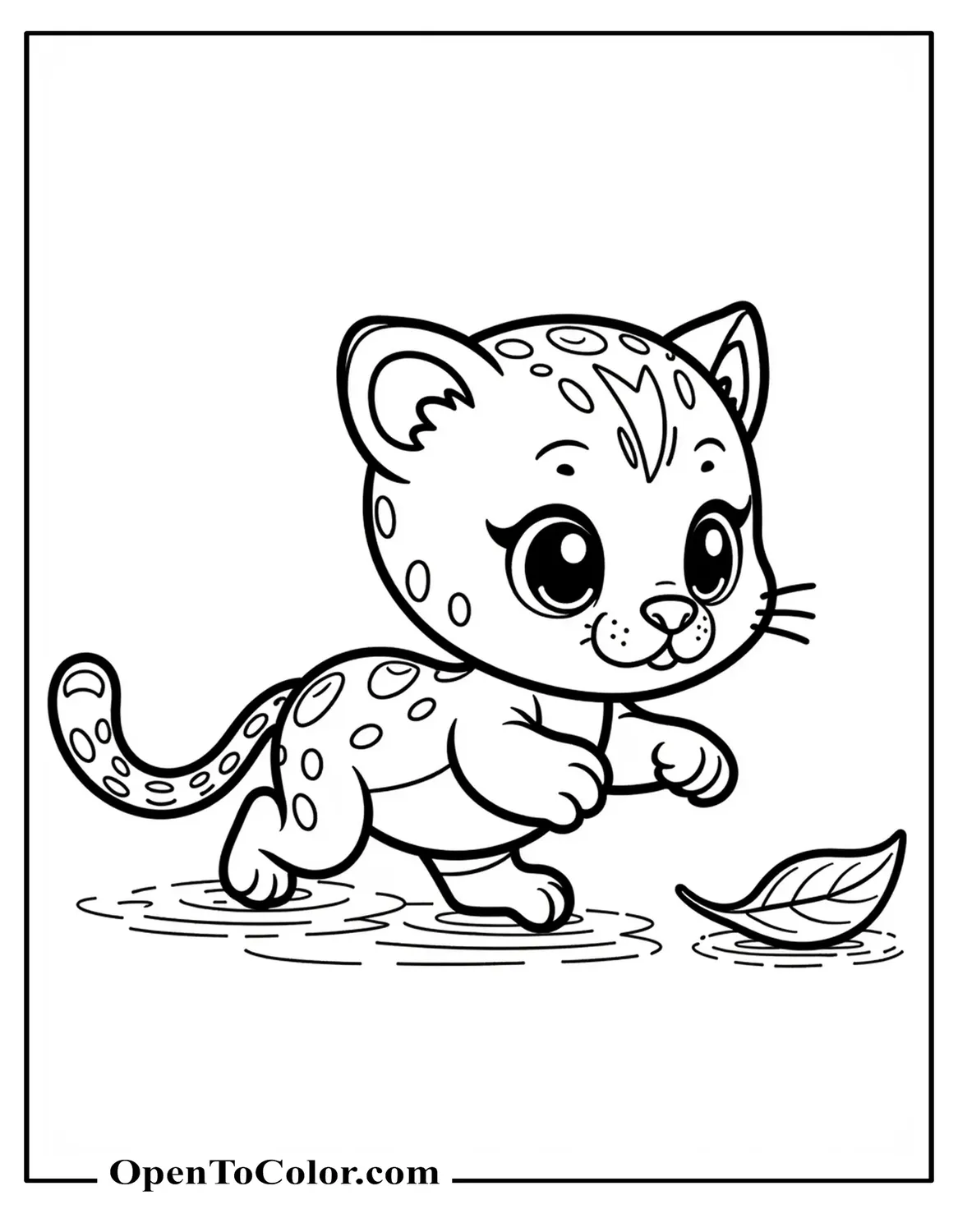 Printable Coloring Sheet of Chibi Baby Jaguar Running After a Drifting Leaf