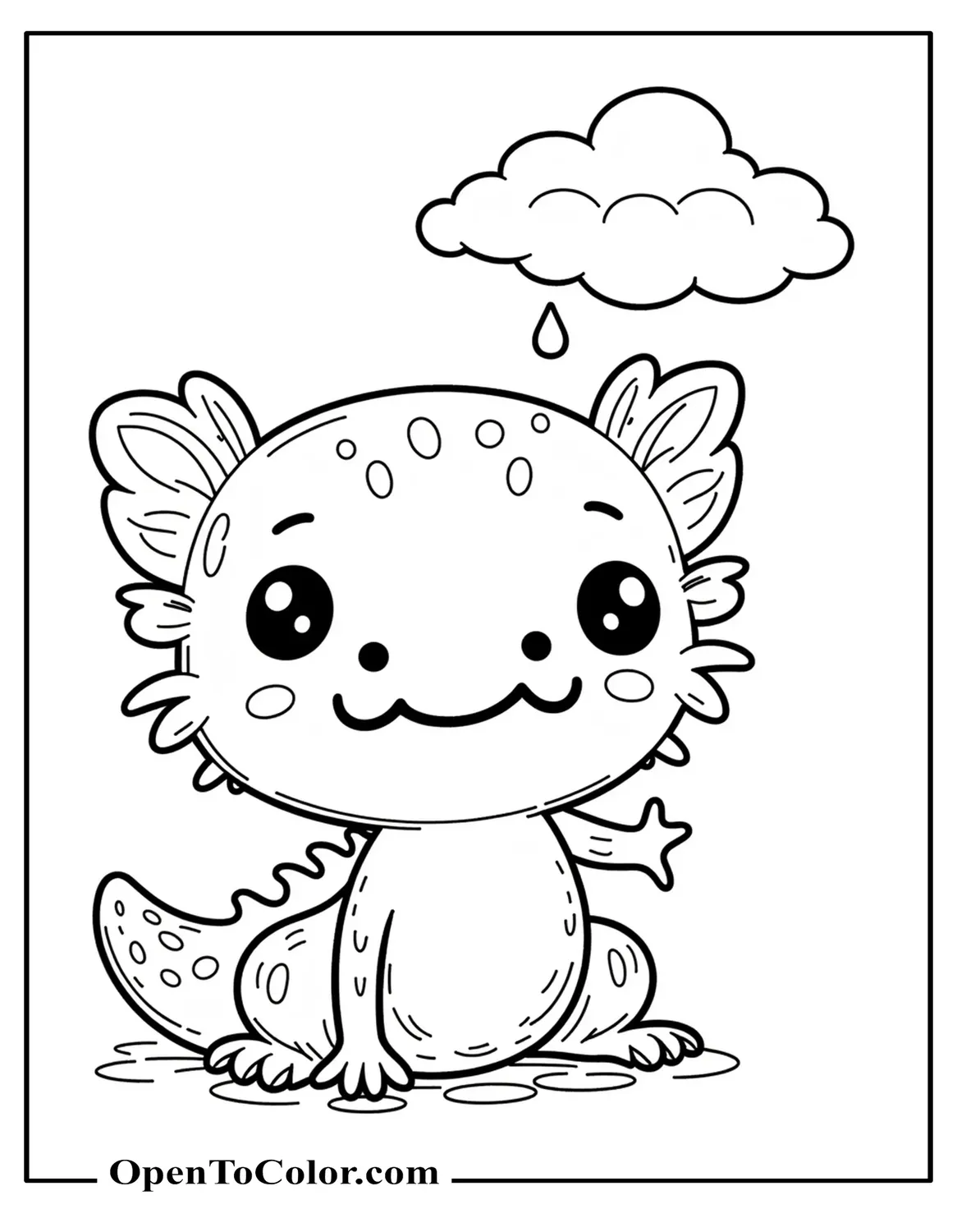 Printable Coloring Page of a Sad Axolotl Sitting Beneath a Tiny Rain Cloud