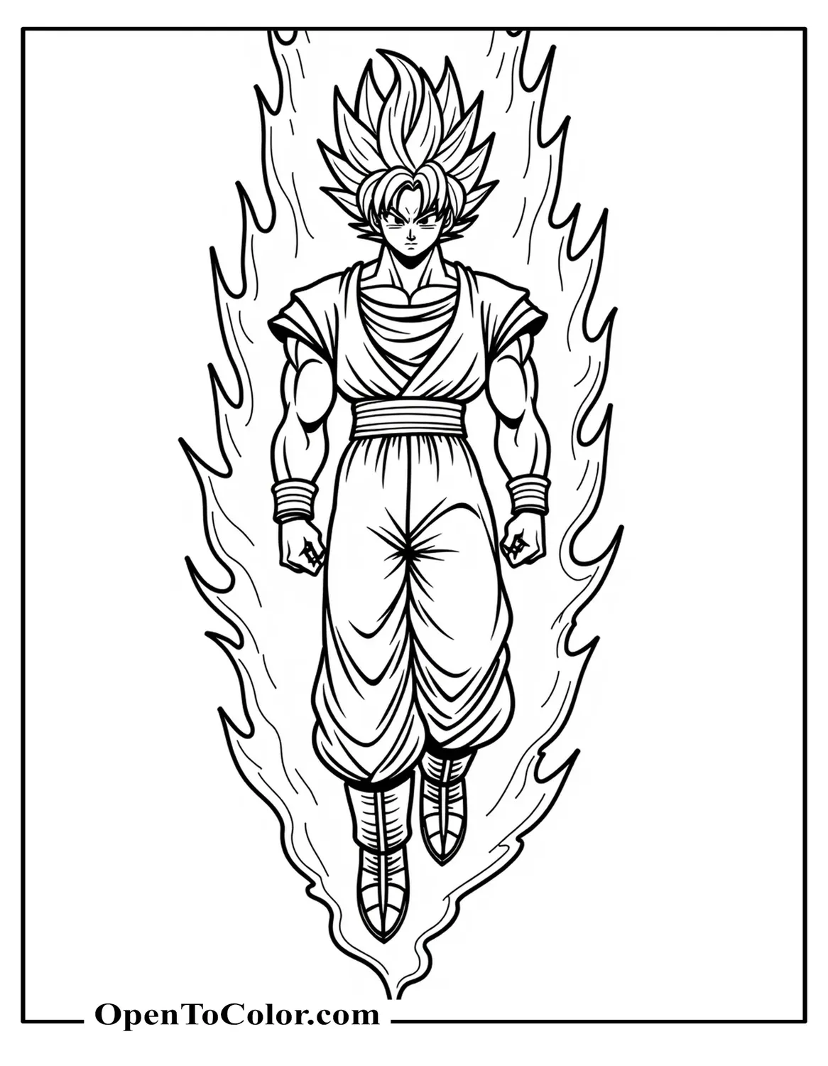 Free Coloring Sheet of Super Saiyan God Goku Floating, Fiery Red Aura Halo