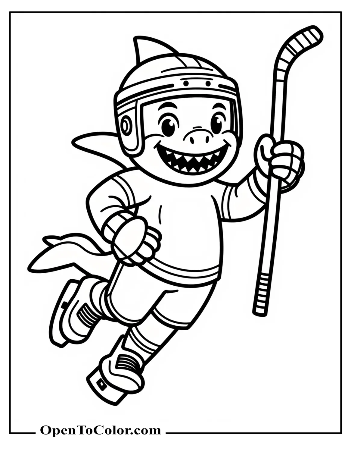 Printable Coloring Sheet of Cartoon Shark Wearing Hockey Helmet Holding Stick