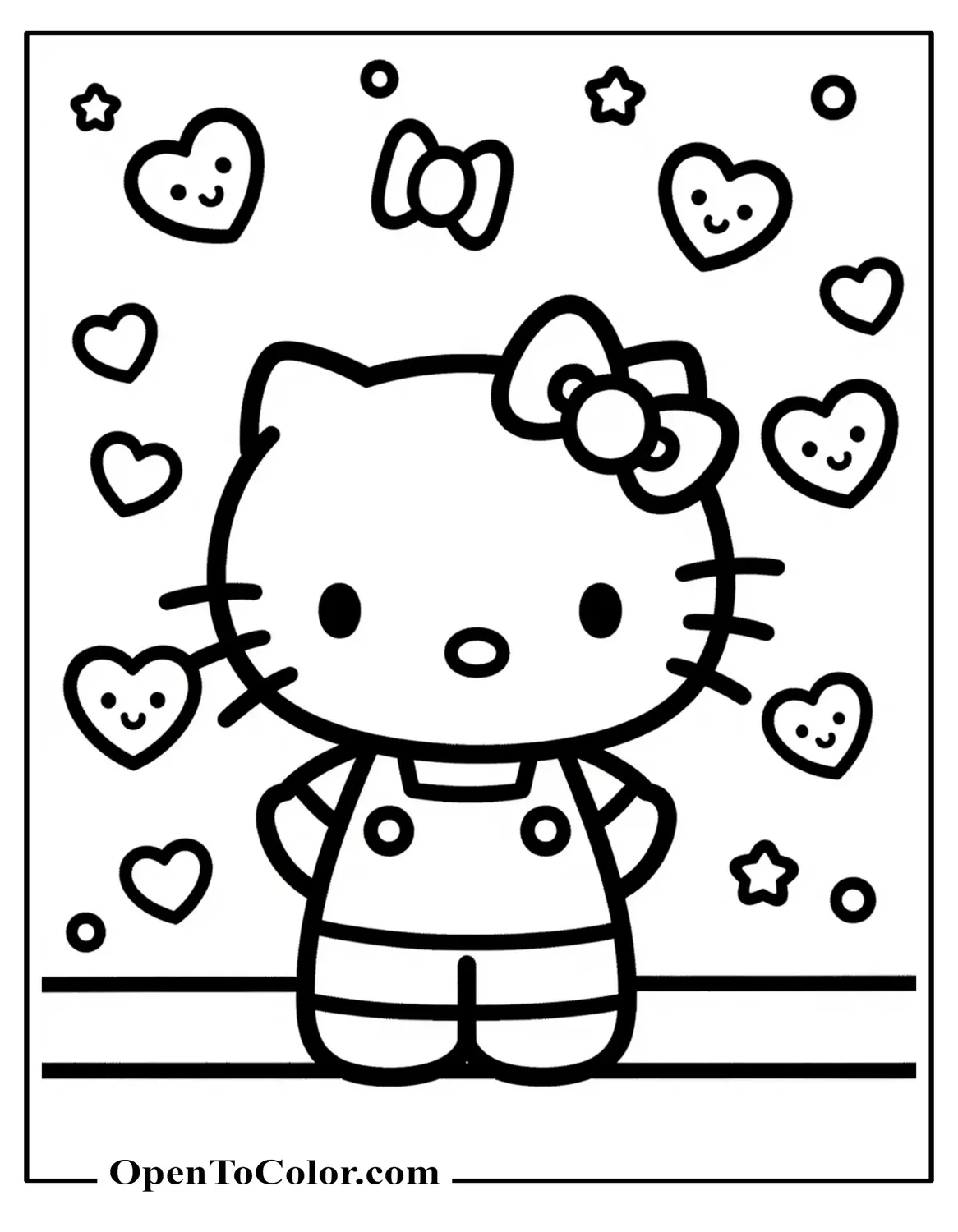 Hello Kitty standing beside a wall decorated with hearts, bows, stars, and small cartoon faces inspired by Sanrio style coloring page PDF.