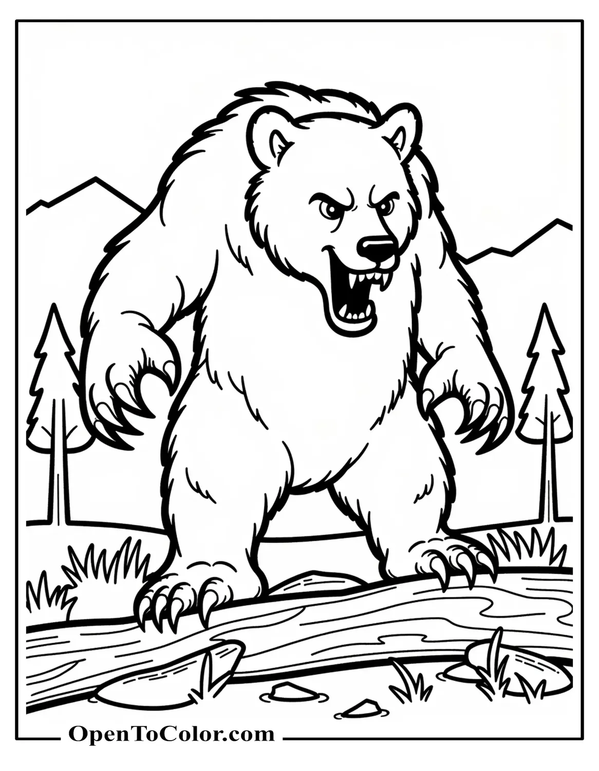 Free Coloring Page of Menacing Bear Silhouette with Sharp Claws Looming Over Broken Tree