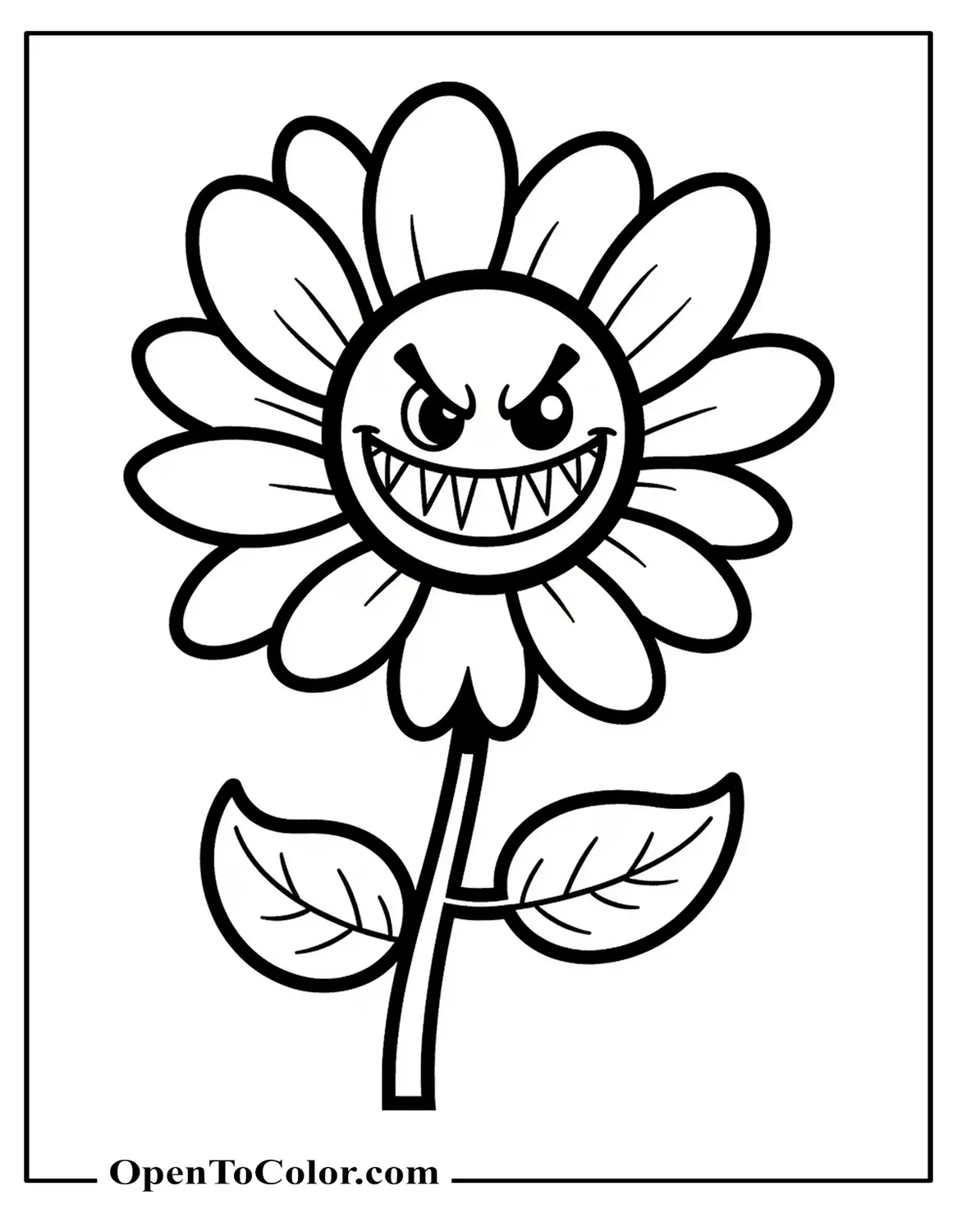 Printable Coloring Page of Cartoon Flower With Face of a Villain With Big Sharp Teeth