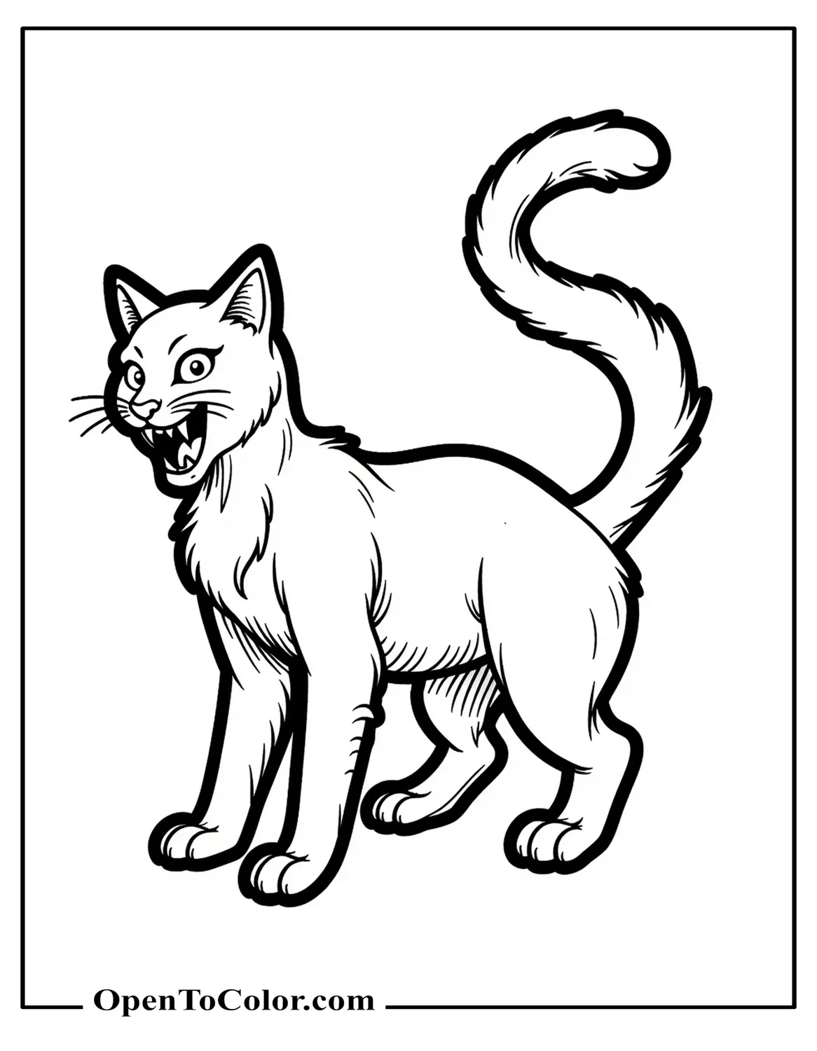 A scary looking cat with an arched back and sharp claws, free coloring page.