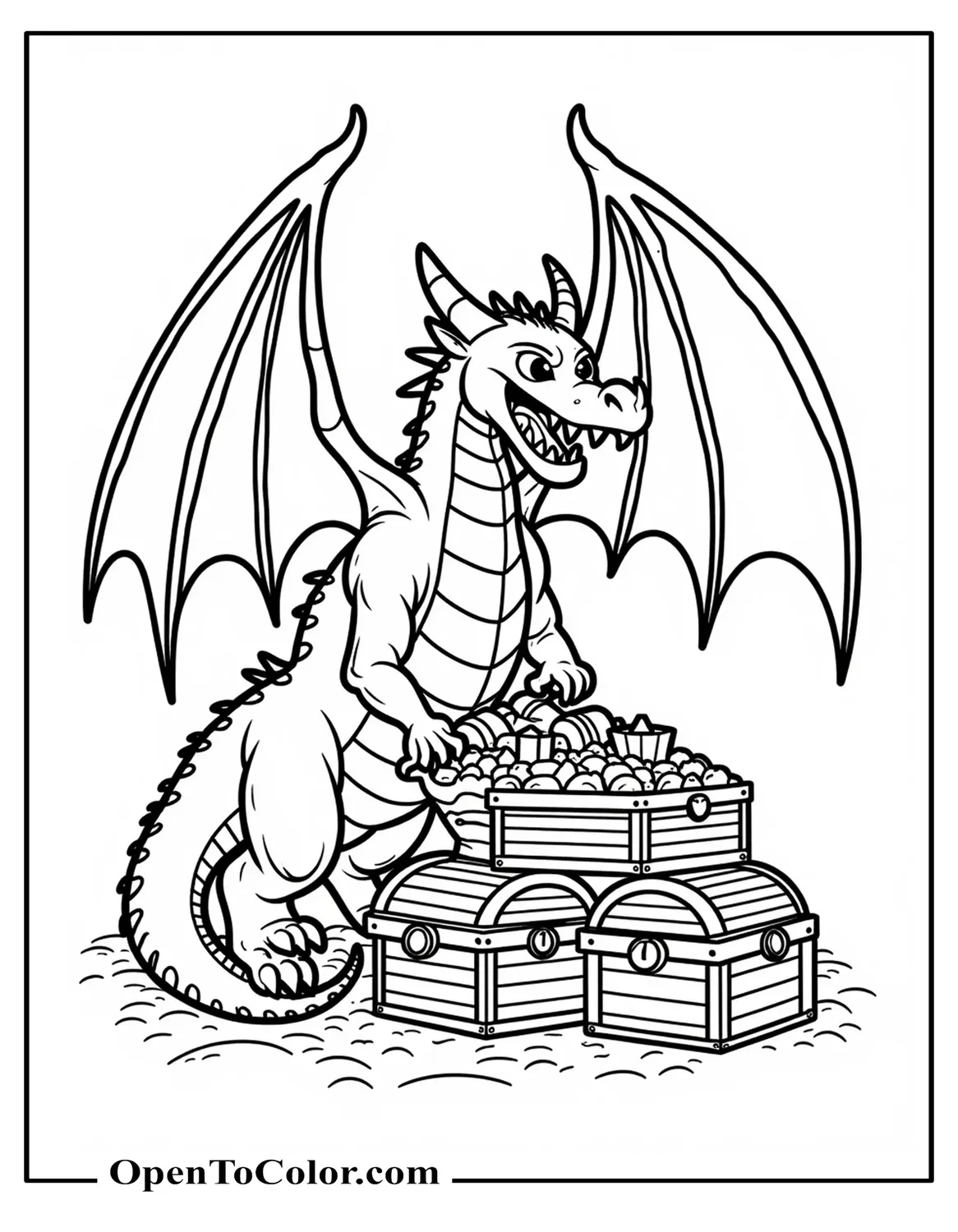 Printable coloring sheet of a menacing dragon guarding a heap of treasure chests.