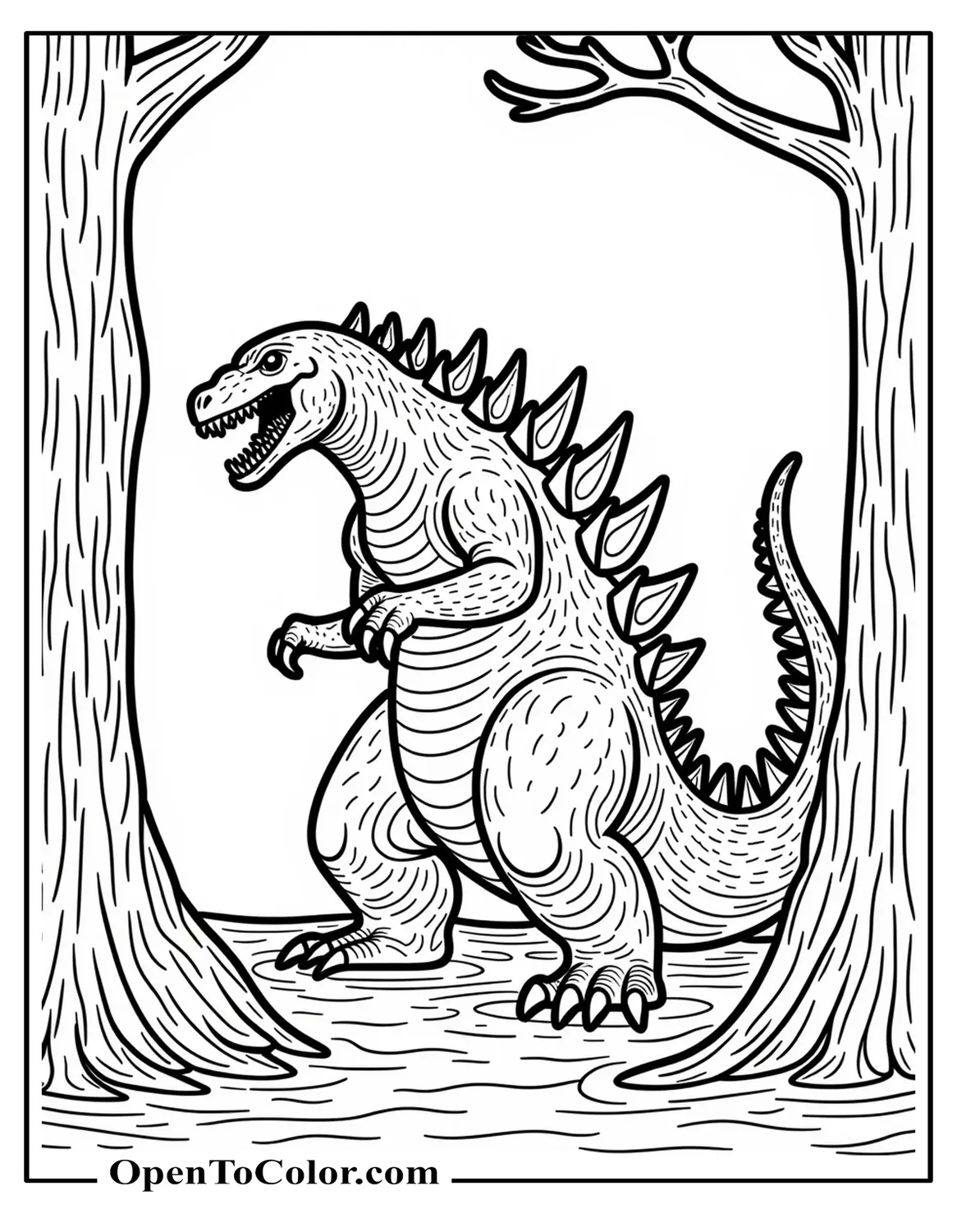 Free Coloring Sheet: Godzilla Emerging From a Foggy Swamp, Skeletal Trees Surrounding, Menacing Stance