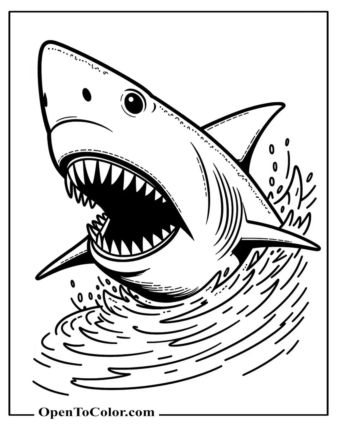 Printable coloring sheet of a sinister shark with sharp teeth emerging from dark water.