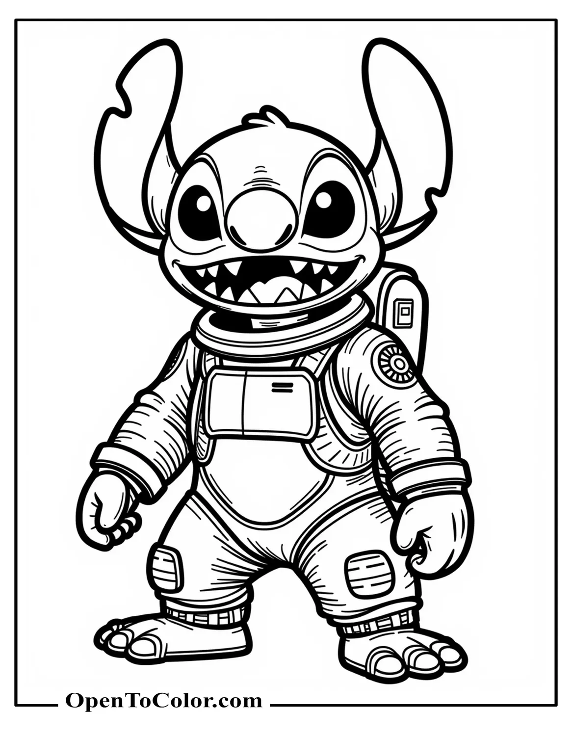 Printable Coloring Page of Experiment 626 Stitch Snarling, Sharp Teeth Exposed, Damaged Galactic Federation Space Suit, Dramatic Back-Lighting, Cinematic