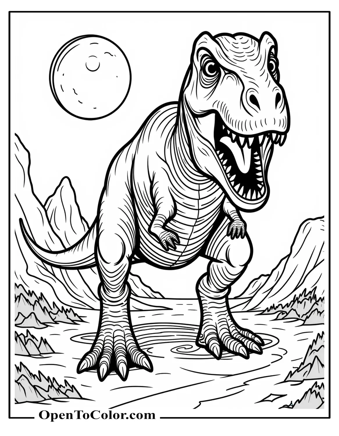 Free Coloring Sheet of Scary T-Rex Under Full Moon with Jagged Rocks