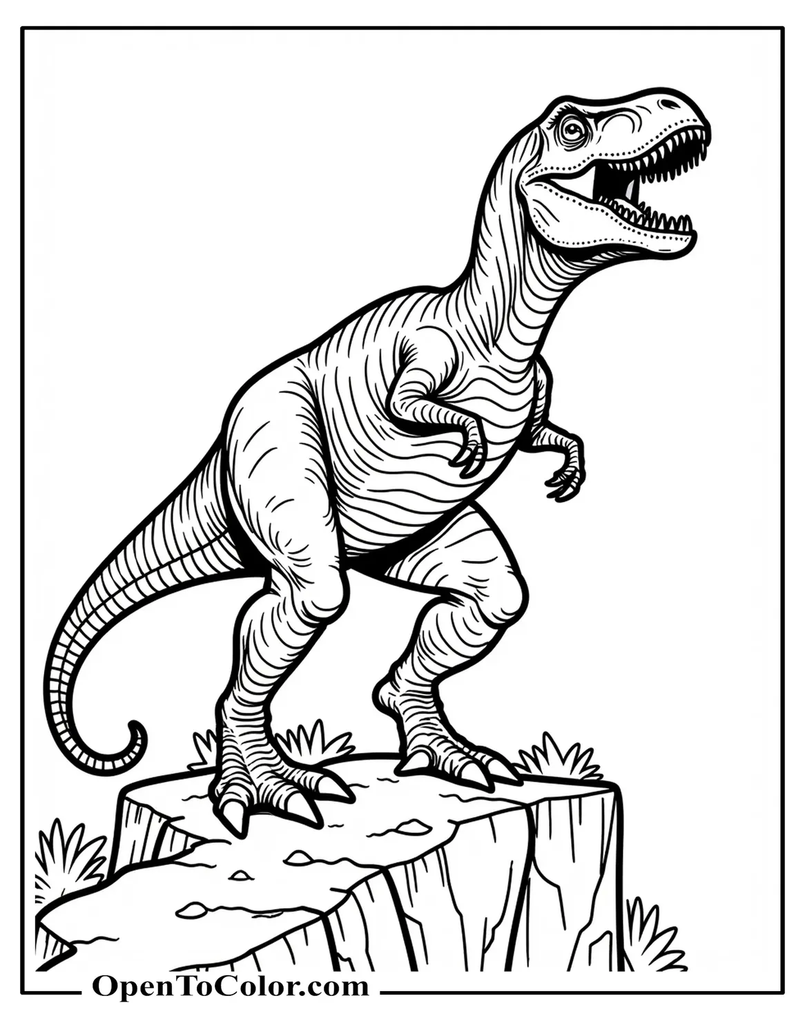 Free Coloring Page of Menacing T-Rex Roaring Atop Cliff Edge