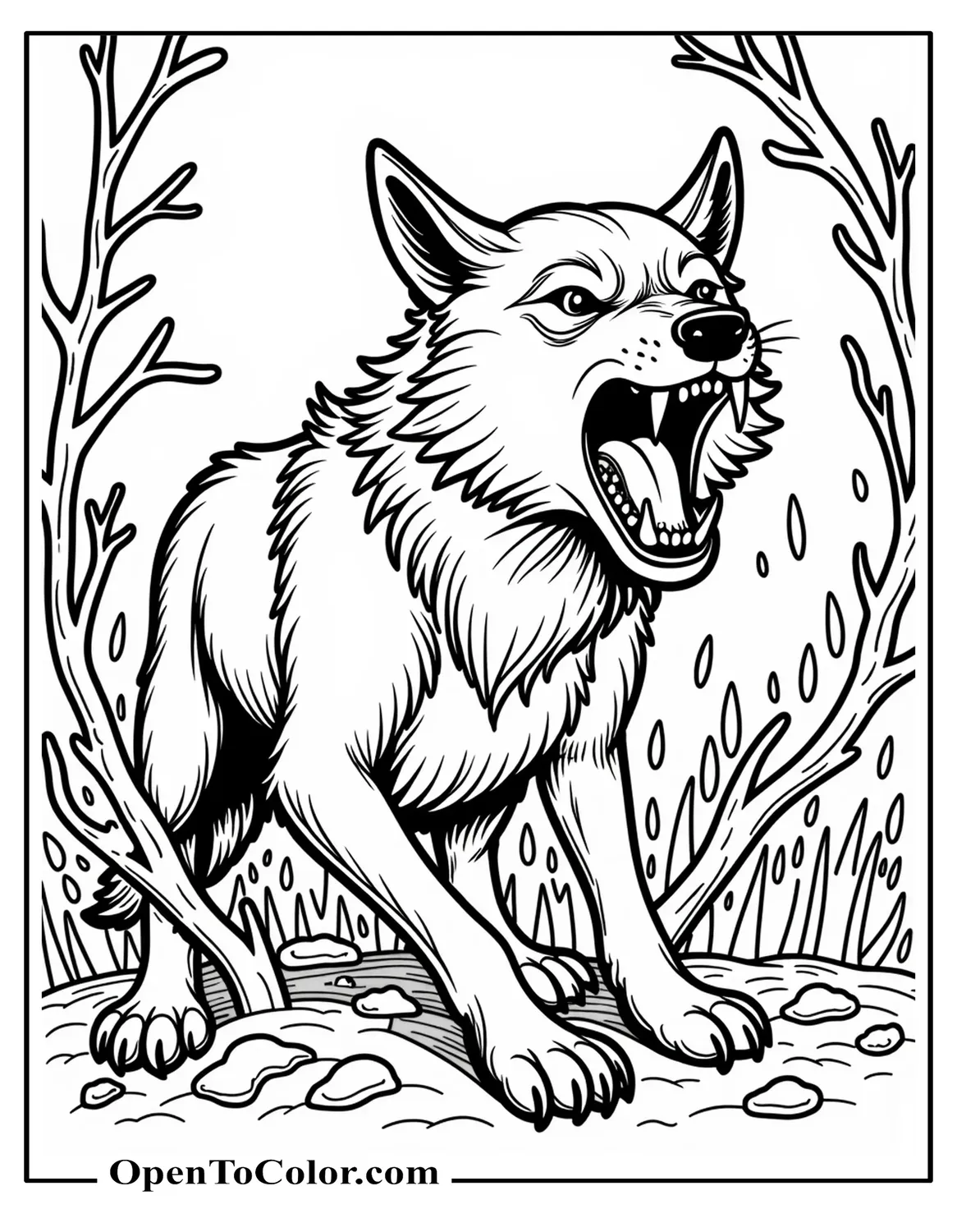 Coloring Sheet PDF of Snarling Wolf With Jagged Fangs Emerging From Thorny Brambles