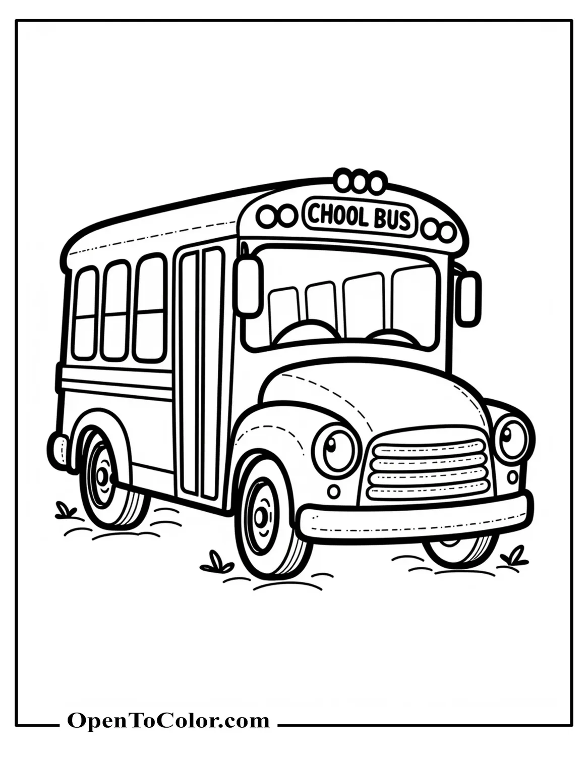 Free Coloring Page of Cartoon School Bus Side View with Friendly Headlights, Crisp Outlines