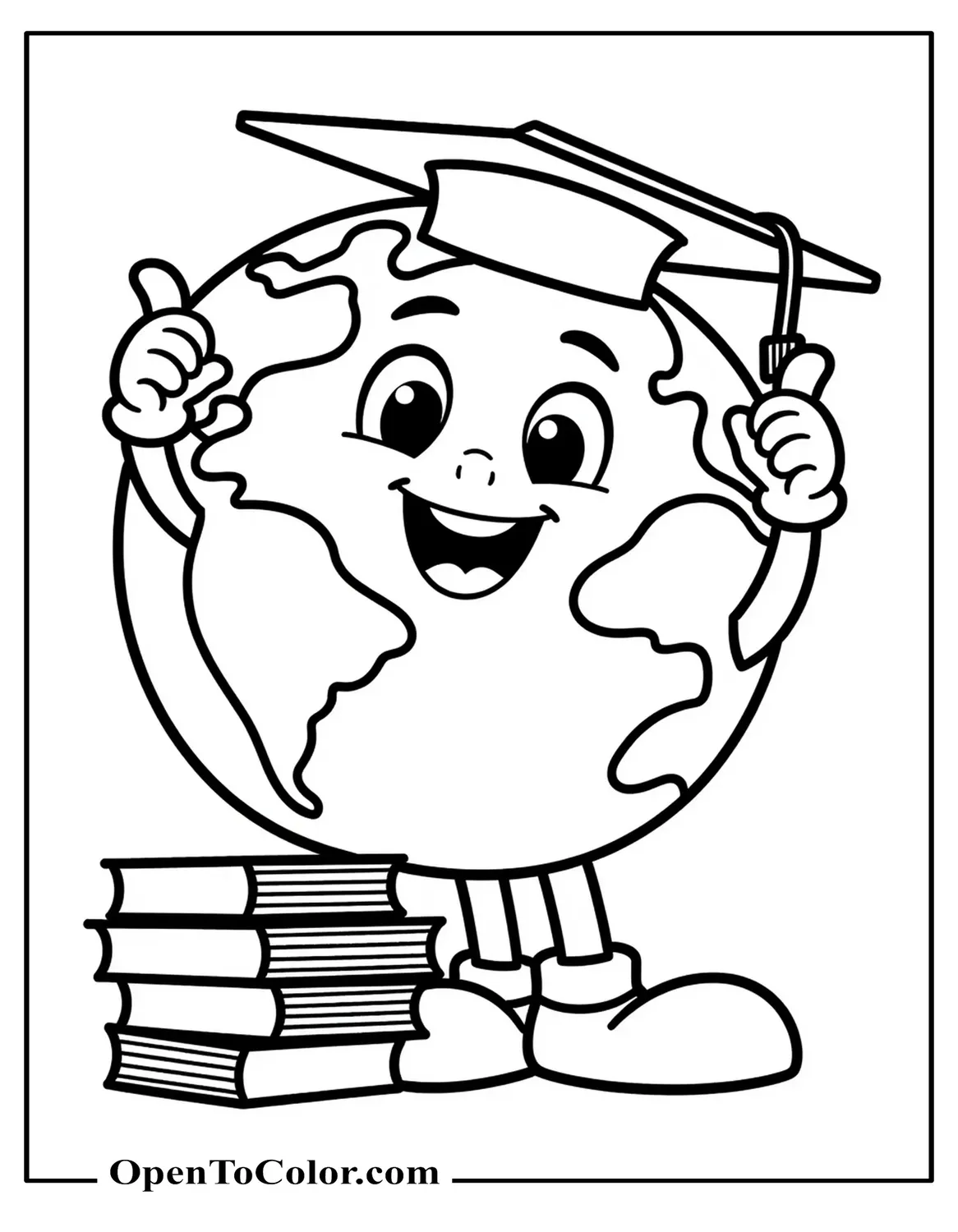 Free Coloring Sheet: Friendly Cartoon Globe Wearing Graduation Cap Next to Stack of Books, Bold Child-Friendly Lines