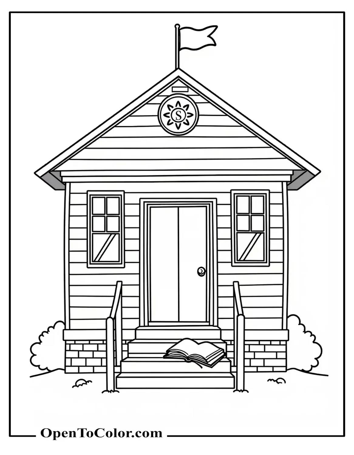 Printable Coloring Sheet of Classic One‑Room Schoolhouse Front View, Flag on Roof, Open Textbook on Steps, Crisp Clean Lines