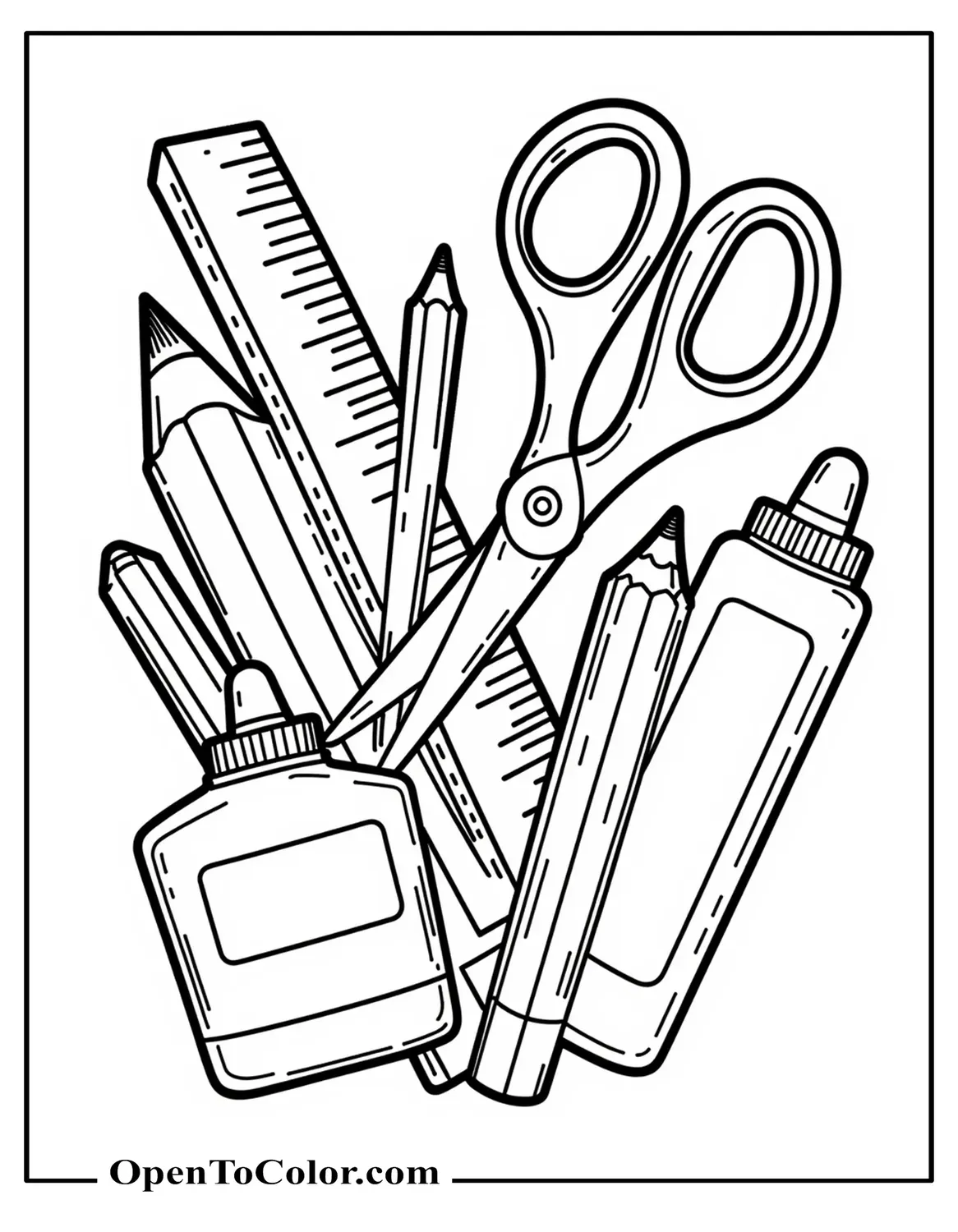 Neatly Fanned School Supplies, Like Scissors, Ruler, Glue, Pencils, Labeled, Heavy Clean Lines, Printable Coloring Sheet