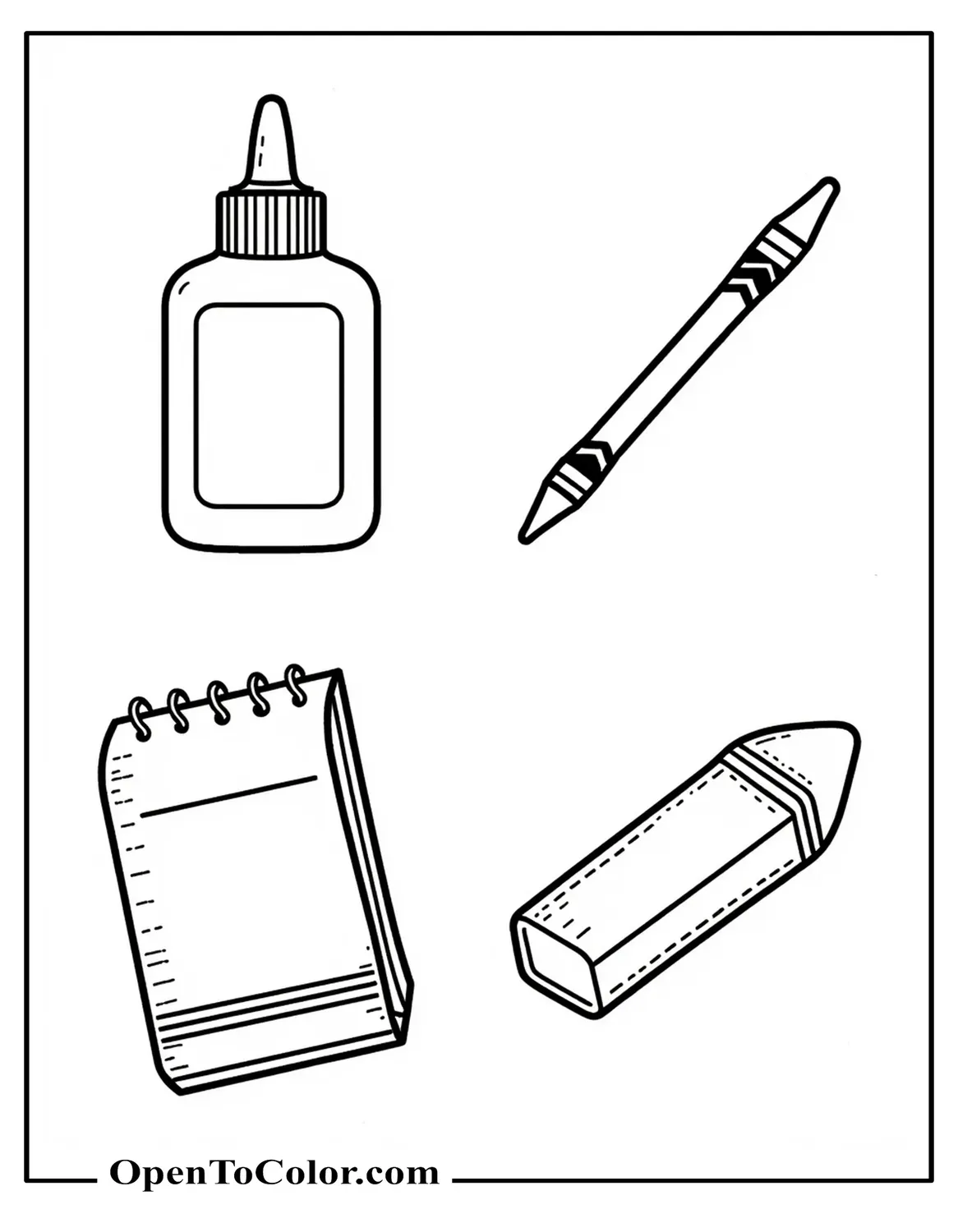 Grid of Free Coloring Sheet with Glue Bottle, Crayon, Notebook, Eraser Each in Its Own Square, Neat Thick Lines