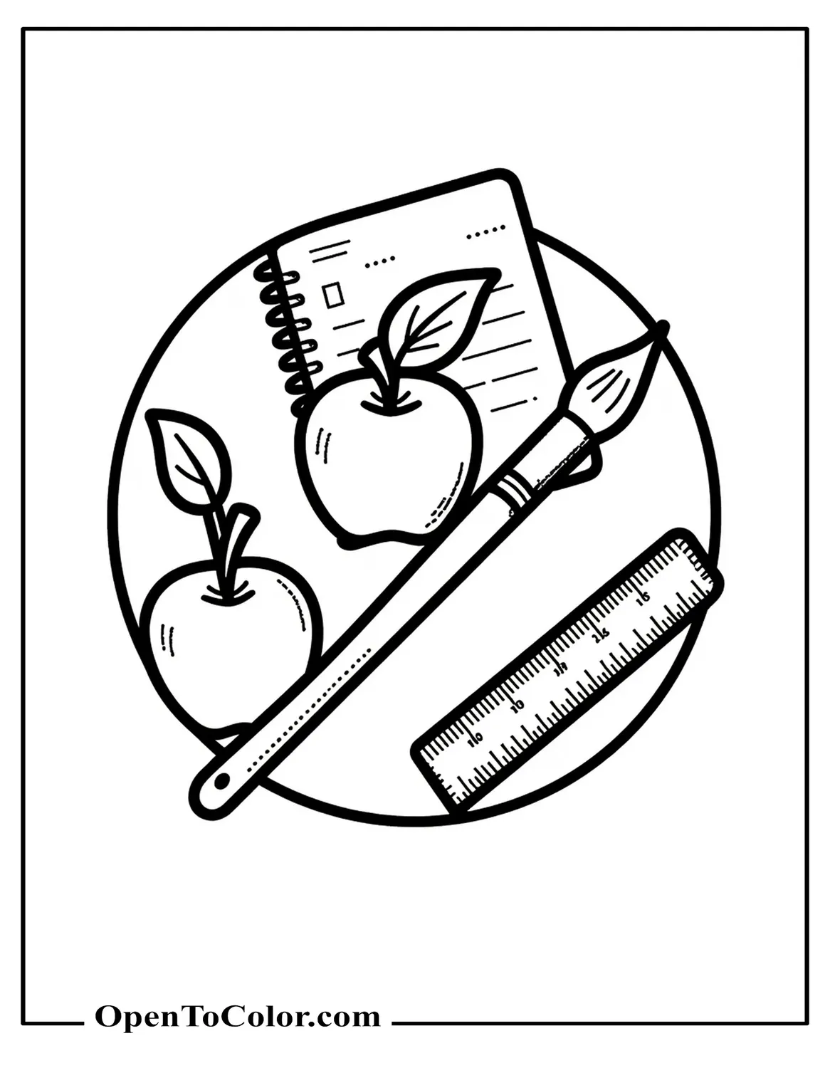 Circular arrangement of ruler, paintbrush, apple, notebook, uncluttered thick lines, printable coloring sheet.