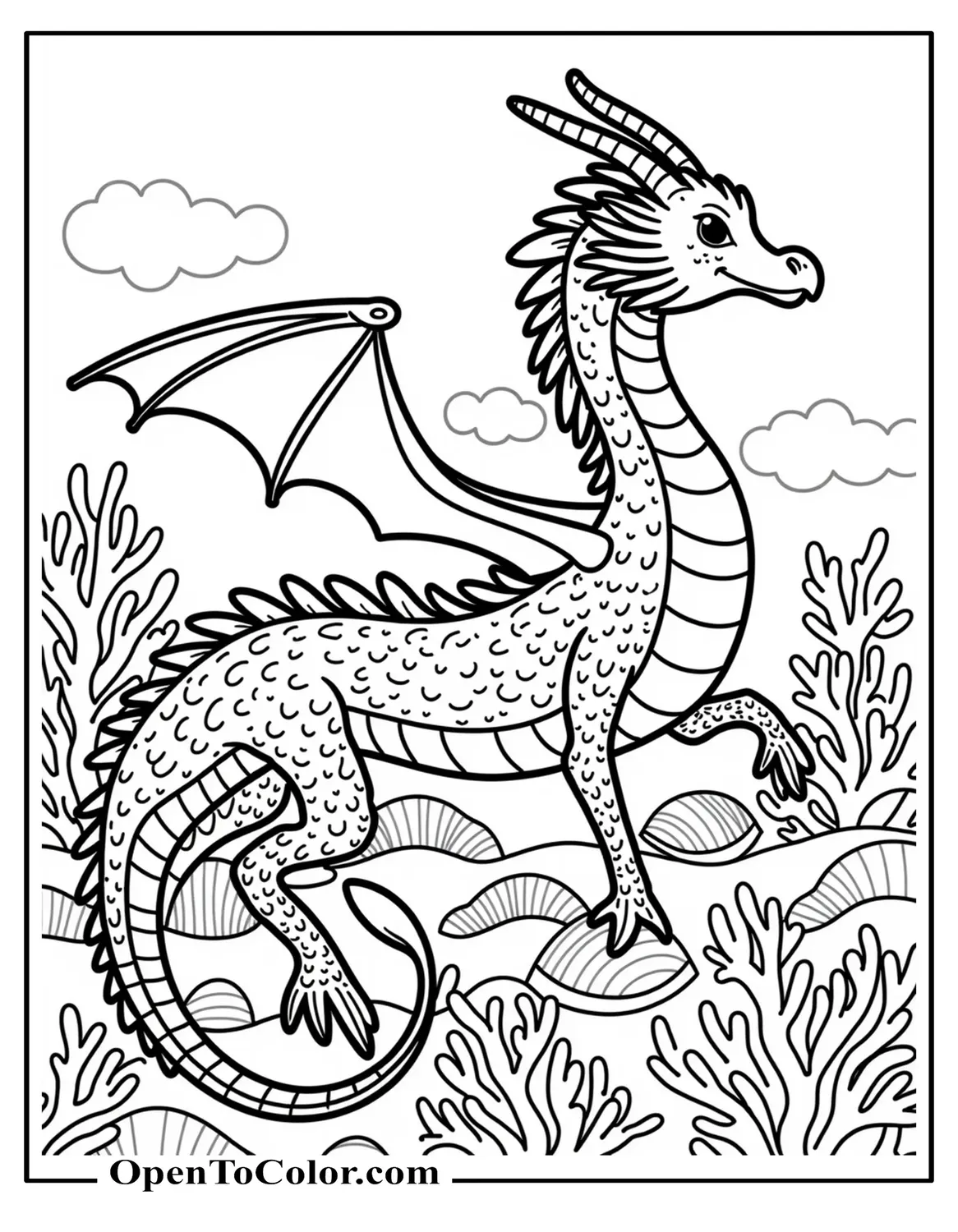 Printable Coloring Sheet of a Sea Dragon Drifting Among Coral Reef and Clamshells