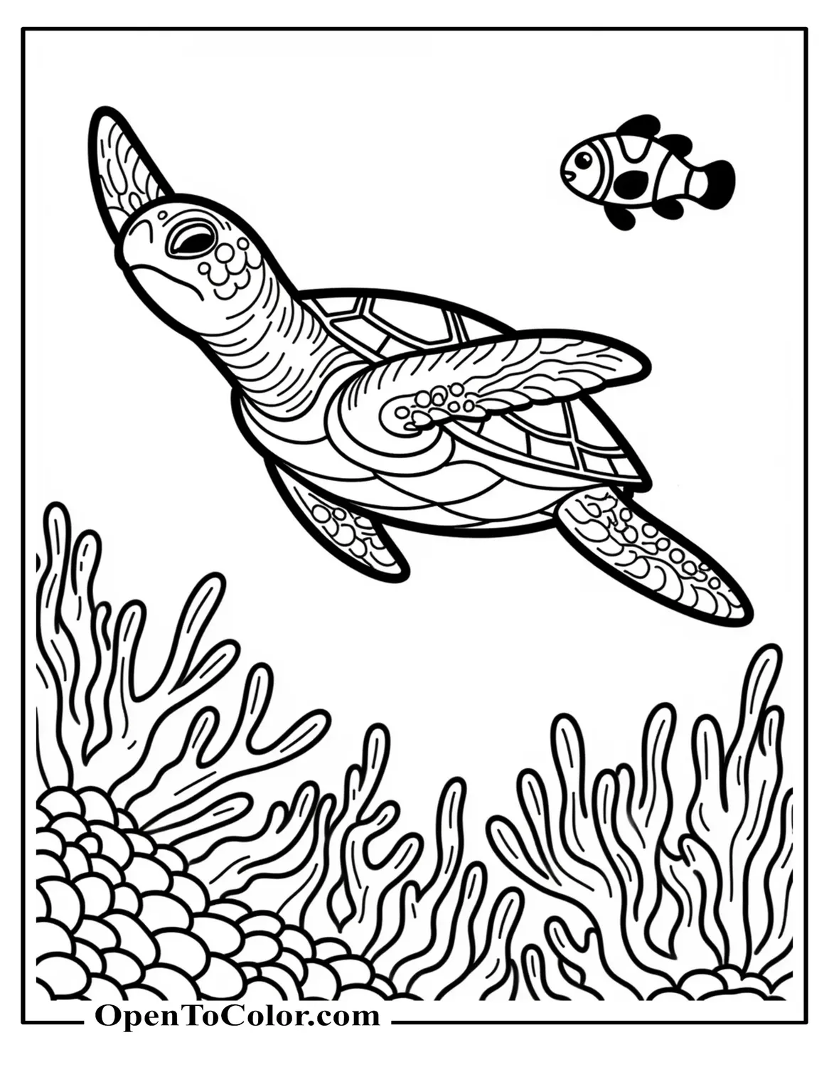 Printable Coloring Sheet of a Sea Turtle Gliding Over a Coral Reef With a Small Clownfish Swimming Alongside