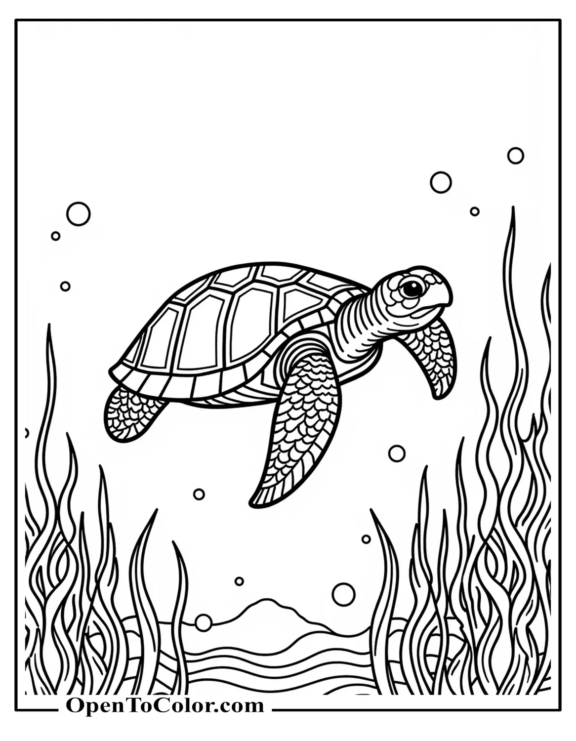 PDF Coloring Page of Sea Turtle Swimming Through Tall Seaweed Forest with Air Bubbles Rising
